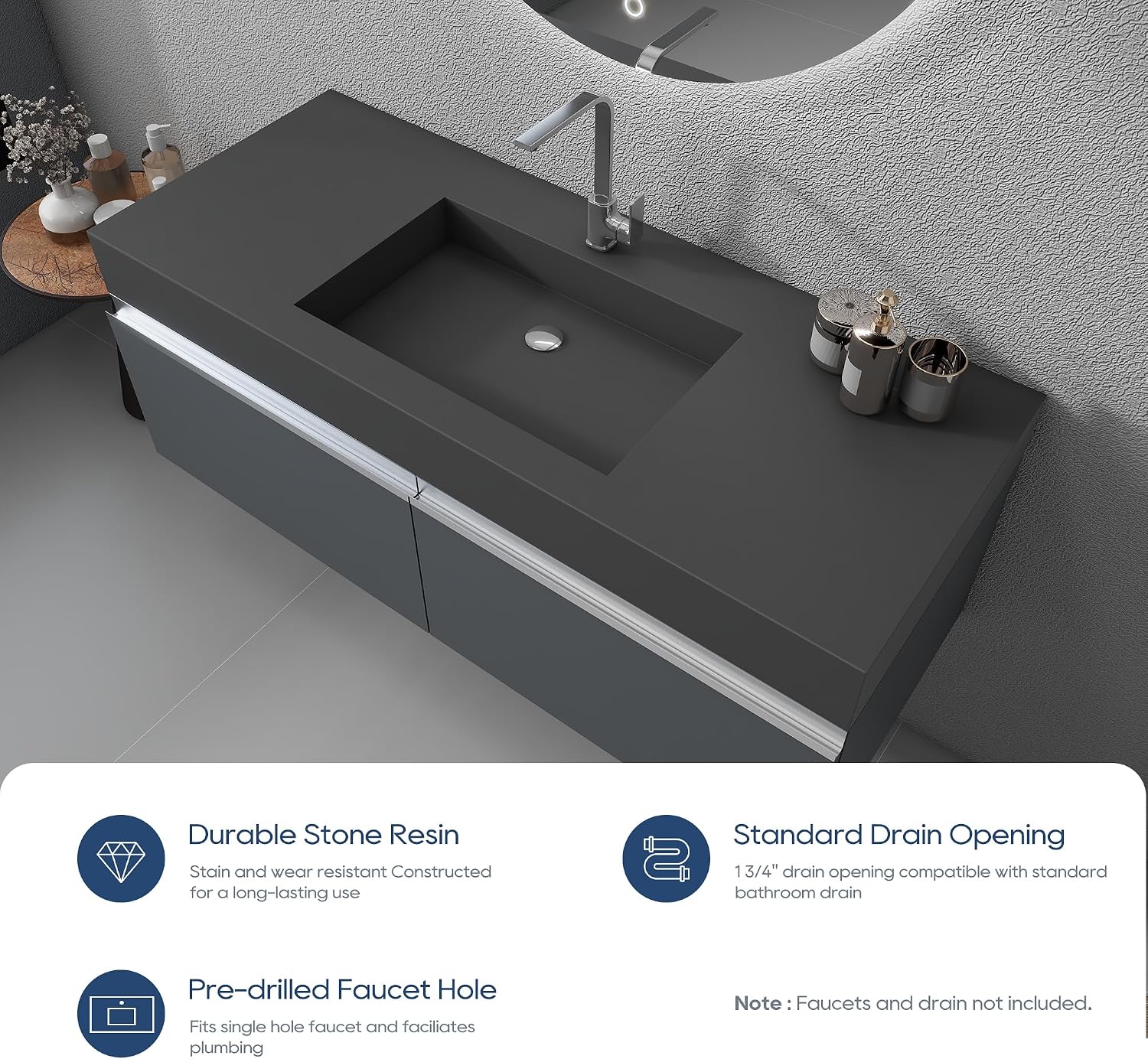 SJ Star&Jane 48" x 19" Solid Surface Bathroom Sink, Wall-Mount or Countertop Vessel Sink, Rectangle Floating Vanity Sink in Gray, Durable Modern Design