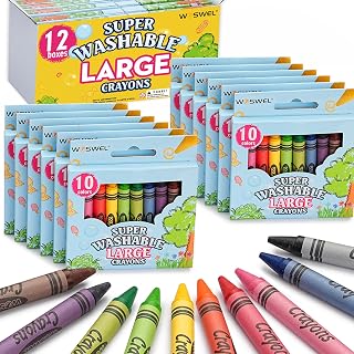 WOSWEL Super Washable Jumbo Crayons Bulk, 12 Pack with 10 Bright Colors, Non-Toxic Easy-Grip for Toddlers 1-3 & Kids Ages 4-8, Safe Art Supplies for Coloring Books & School Projects