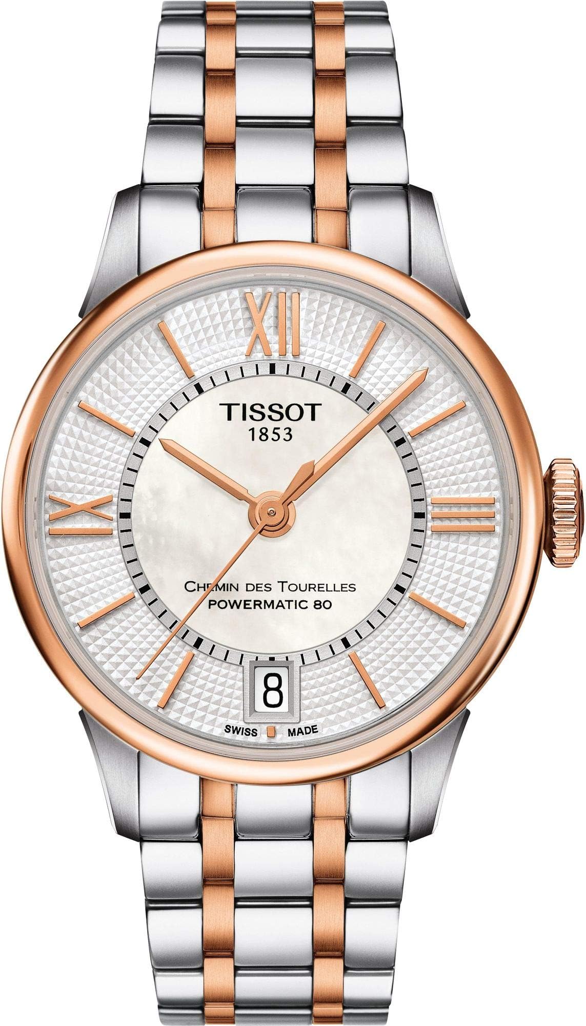 womens Tissot Chemin des Tourelles Powermatic 80 Lady 316L stainless steel case with rose gold PVD coating Automatic Watch, Grey, Stainless steel, 16 (T0992072211802), Grey