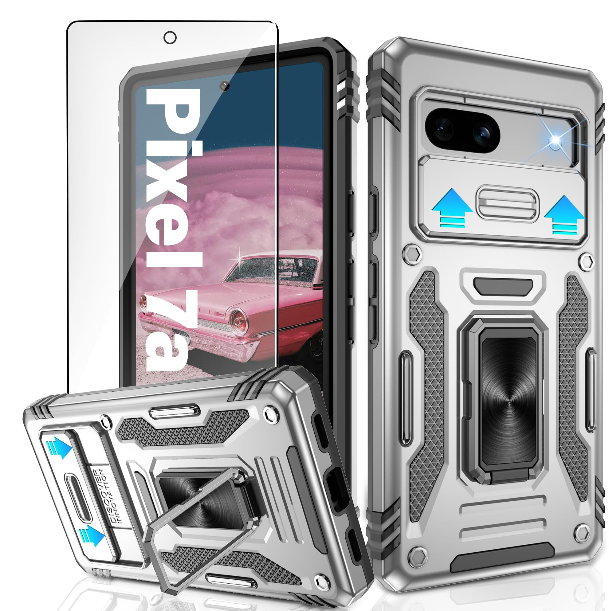 for Google Pixel 7a Case with Screen Protector and Slide Camera Cover | Pixel 7a Case with Ring Kickstand | Anti-Scratch Phone Cover for Google Pixel 7a,Grey