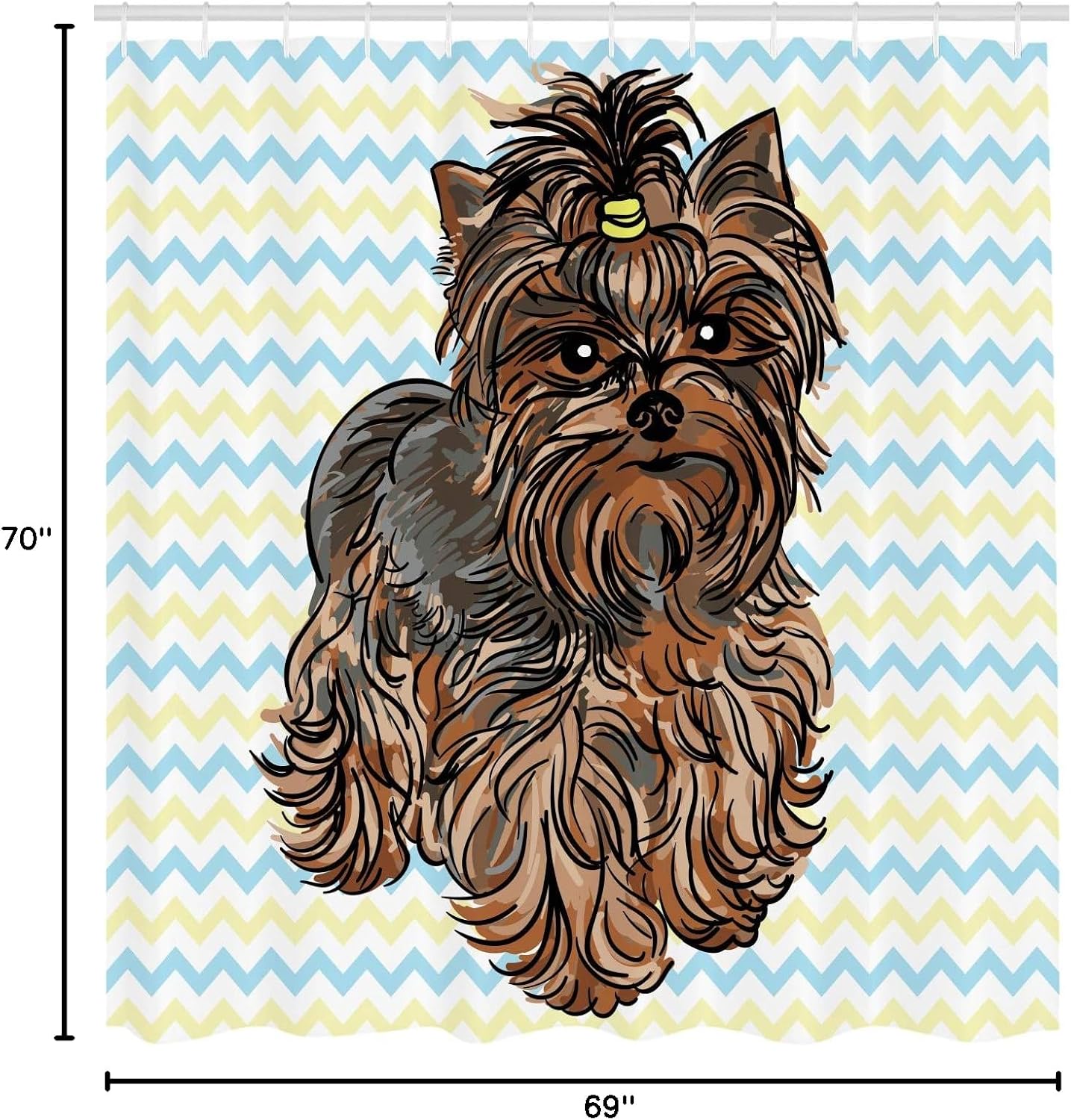 Ambesonne Yorkie Shower Curtain, Cute Brown Yorkie with Even Cuter Buckle on its Head Drawing on Chevron Backdrop, Fabric Bathroom Decor Set with Hooks, 69" W x 70" L, Chesnut Brown
