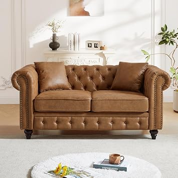 Chesterfield Loveseat Sofa,High Tech Fabric,Mid Century Modern Couch with Button Tufted and Nailhead Trim, Small Comfy Couch with Roll Arms and Gourd Legs for Living Room,BedroomBrown, 63.5"