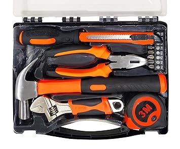 IBELL HT17-30 Hand Tool Kit (14 Pieces) | DIY & Household Repair Set with Screwdriver, Claw Hammer, Plier, Wrench, Knife, Measuring Tape & Bits | Durable Steel Tools in Hard Carry Case - image, photos