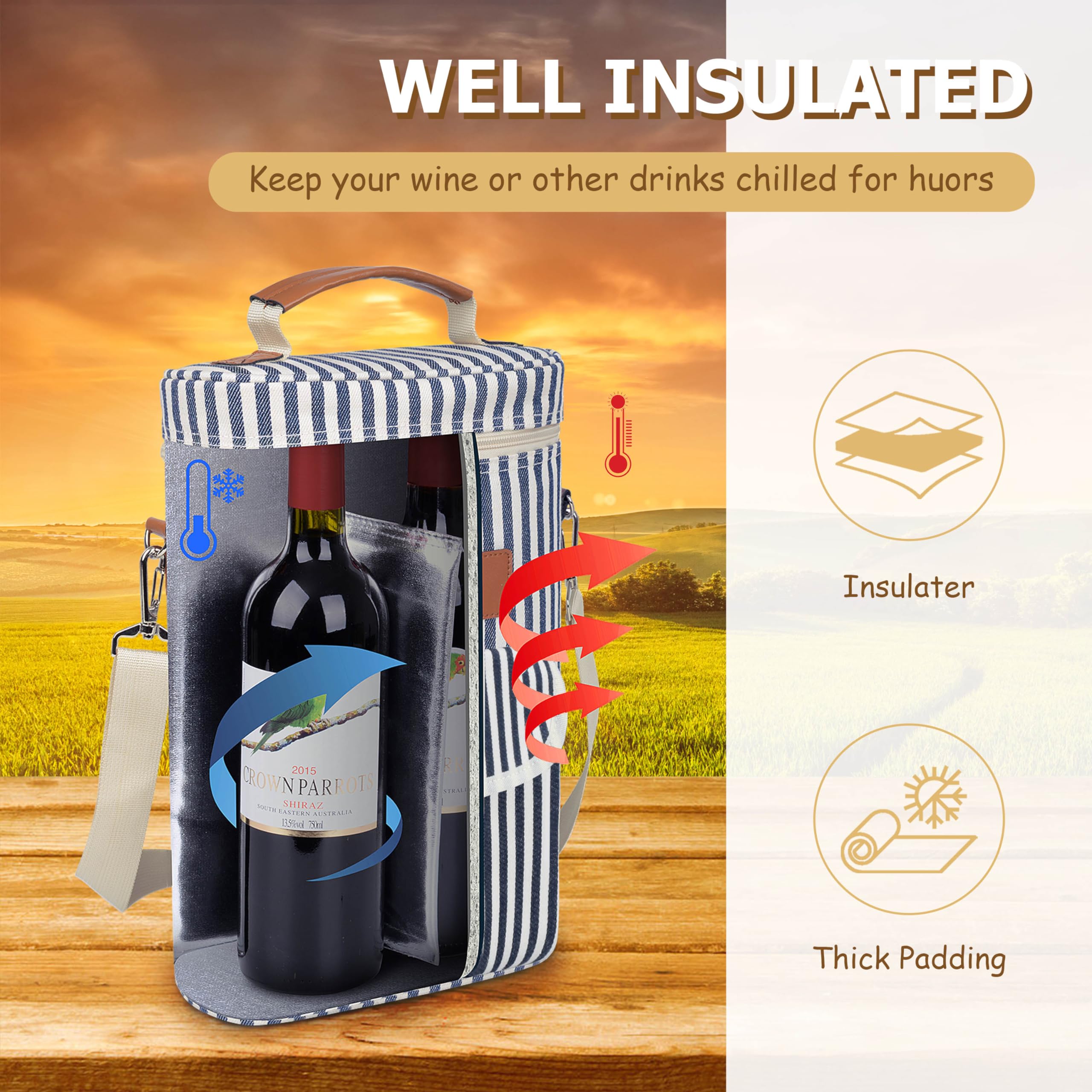 Tirrinia 2 Bottle Wine Gift Tote Carrier - Leakproof & Insulated Padded Versatile Wine Cooler Bag for Travel, BYOB Restaurant, Wine Tasting, Party, Dinner,Gift for Wine Lovers, Beige: Stripe 2 Bottle-with front pocket