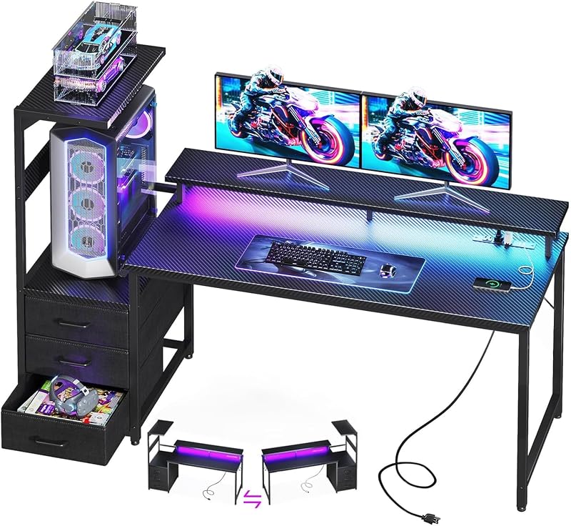 59 Inch Gaming Desk with USB Charging Ports & LED Light - Reversible Computer Desk with 3 Fabric Drawers, Monitor Stand, CPU Stand, Modern Office Desk, Pure Black