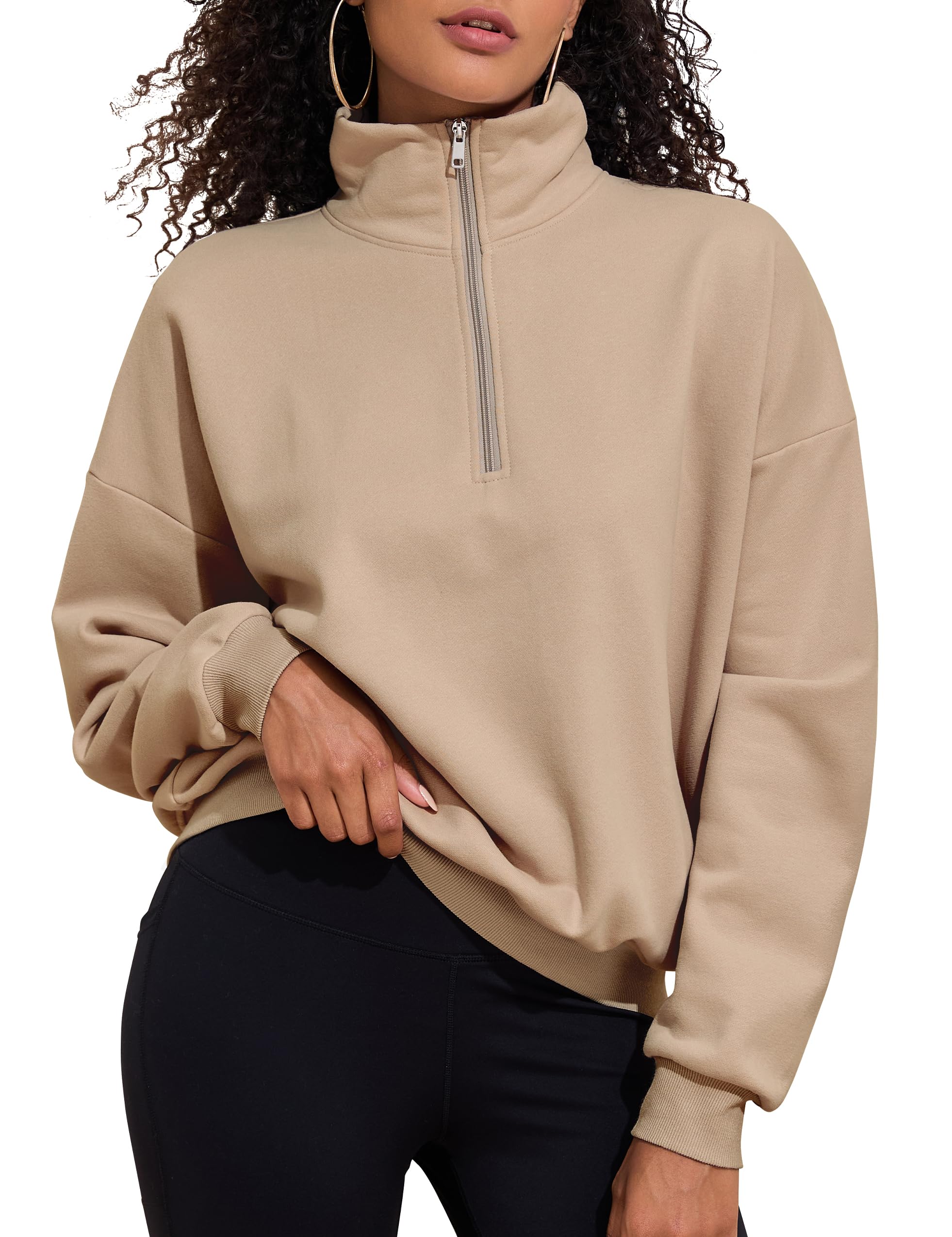 PrettyGuide Women's Lightweight Quarter Zip Oversized Sweatshirts Long Sleeve Fleece Pullover