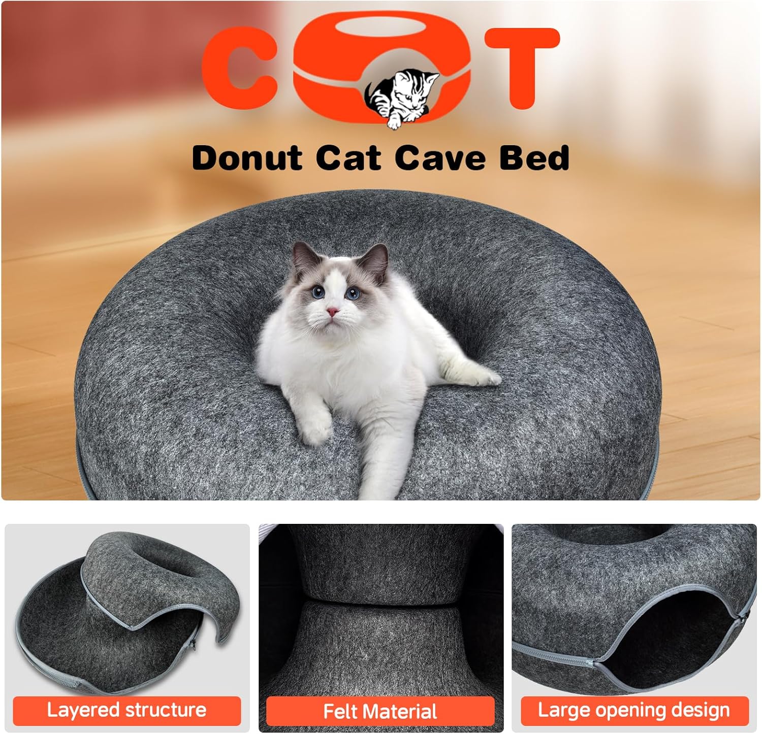 review Cat Tunnel Bed - 24 Inch Large Cat Cave for Multiple & Large Cats Up to 30 Lbs, Scratch Detachable & Washable Donut Cat Bed (Dark Gray)