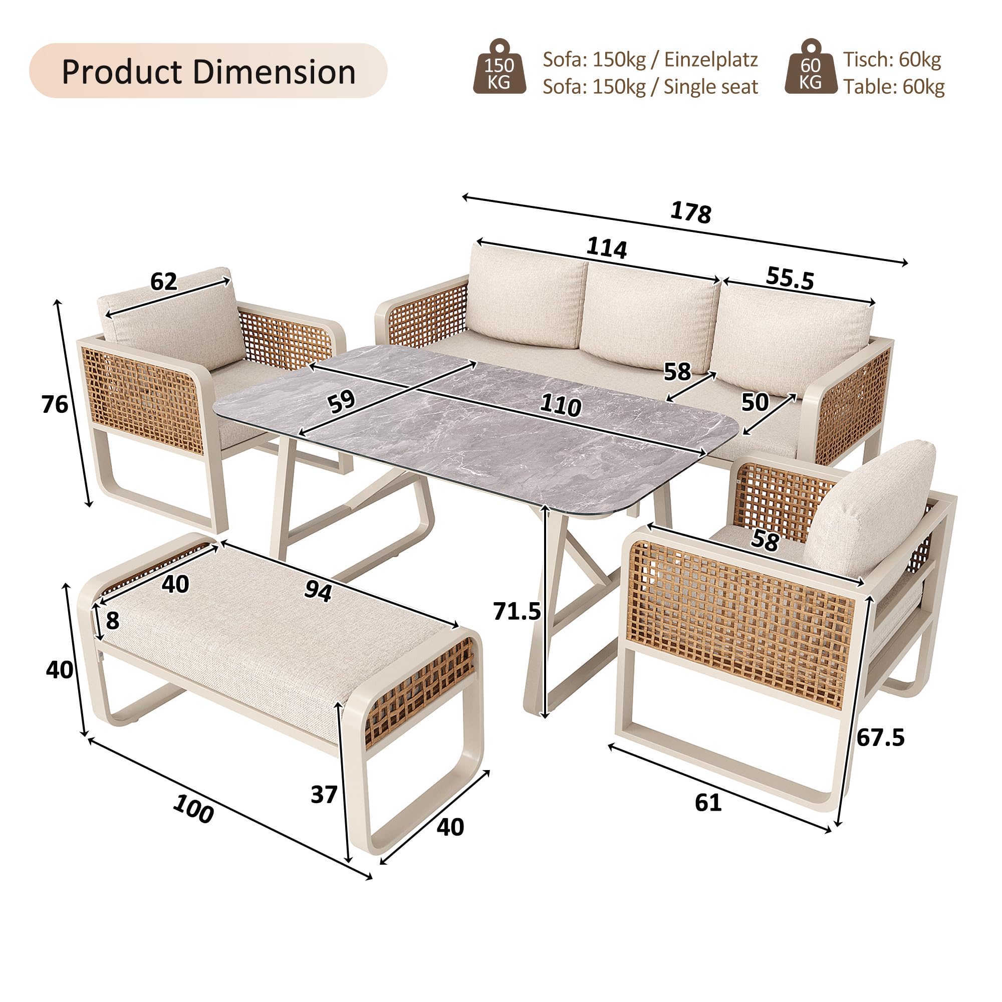 Merax Gartenmöbel Set 6-7 Personen, Gartenlounge Lounge Set aus Metallrahmen & PE-Rattan, Balkonmöbel Outdoor Sitzgruppe mit Tisch & Kissen, Kombinierbar Gartensofa-Set, Wetterfest für Terrasse, Beige
