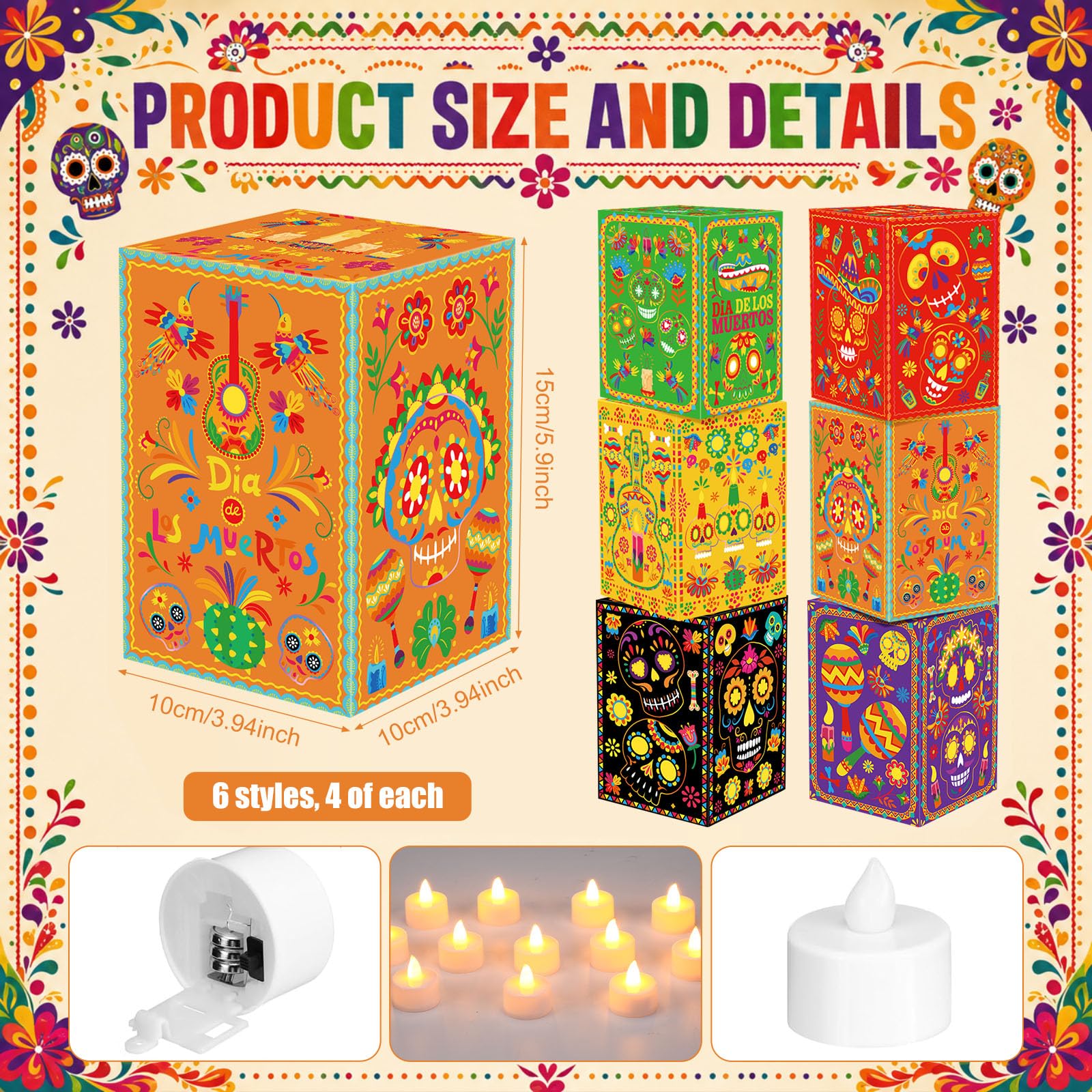 Tujoe Juego de 96 piezas de decoración del Día de los Muertos, con forma de calavera, portavelas con luces LED, caléndula artificial, mariposa monarca para decoración al aire libre de altar de Ofrenda