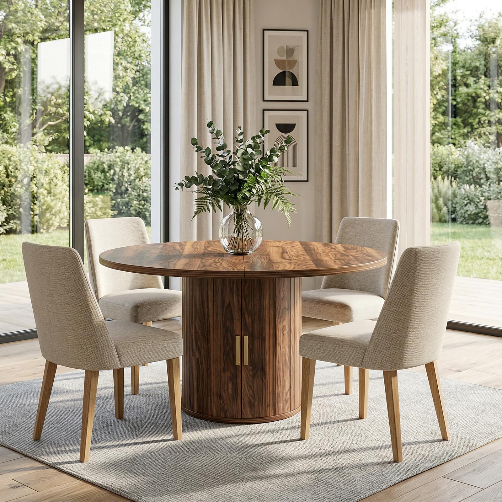 Esstisch Ausziehbar, Runder Esszimmertisch mit Holzsockel, Ausziehbar zu Oval, Moderner Küchentisch für 4-6 Personen, Rustikal Braun,Pedestal Base