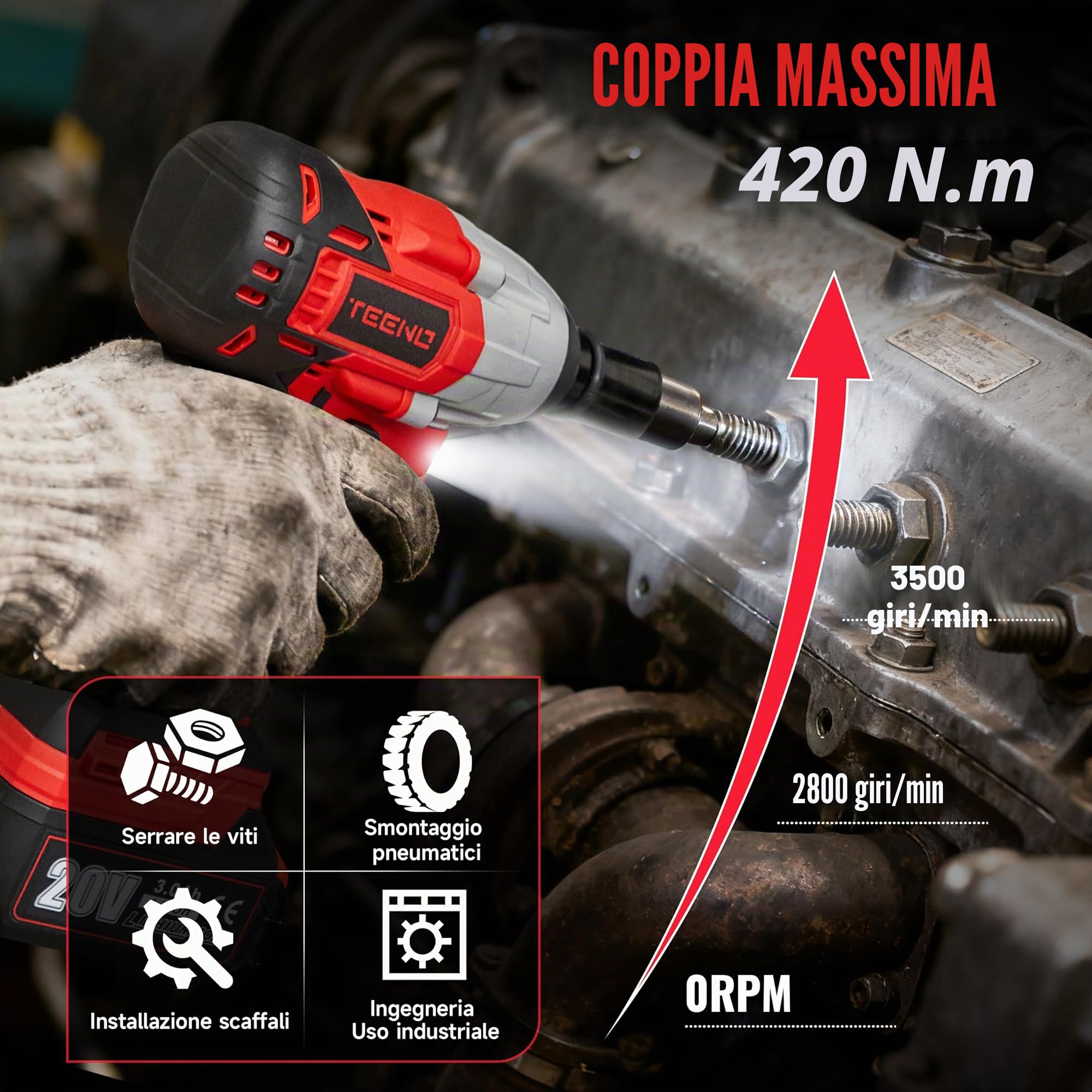 TEENO Brushless - Chiave a percussione senza fili, 320 Nm Bullonatrice a urto con batteria da 3,0 Ah, bulloni per ruote, scatola con 25 accessori