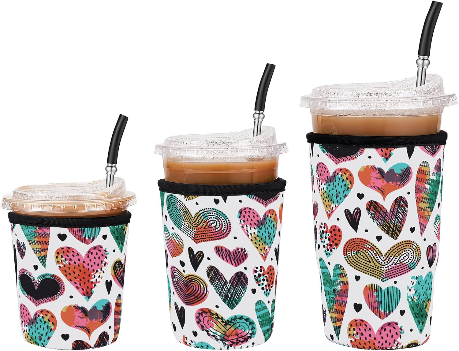 3 Pack Iced Coffee Sleeve Reusable - Neoprene Insulated Cup Sleeve for Cold and Hot Drinks 16-32oz, Keeps Hands Dry and Drinks Cold - Heart