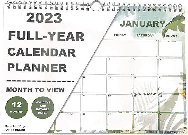 A4 Size Wire Bound Tropical Full Year Calendar 2023 - Month to View - Great for the Home, Office, Classroom or Work Place - Includes Months of January 2023 to December 2023