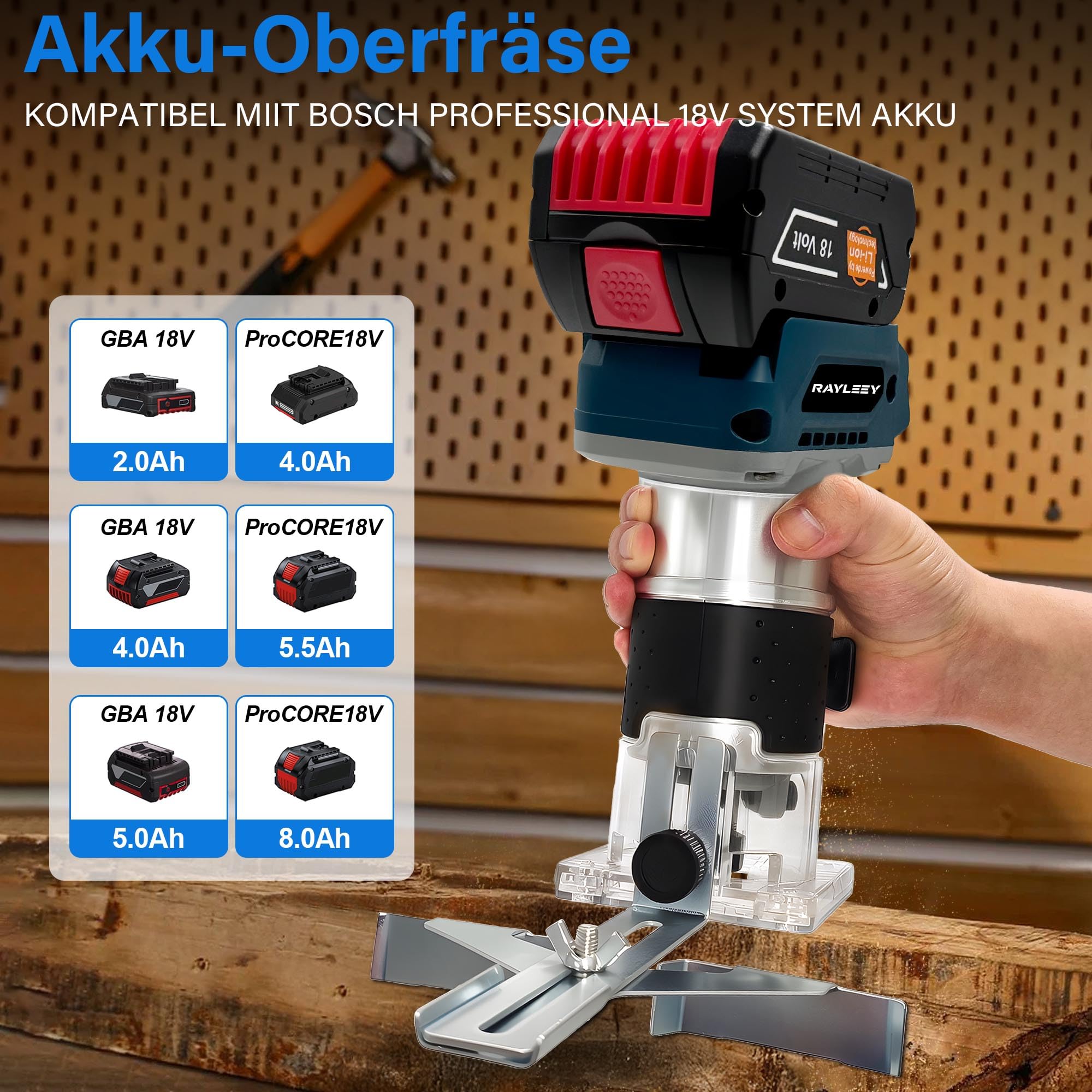 Akku Oberfräse für Bosch Professional 18V System, 800W Akku-Kantenfräse Set mit 5 Geschwindigkeit, 30000 U/min Bürstenloser Multifunktionsfräse Handfräser mit 15 Stück 1/4" Fräser Set(Ohne Akku)