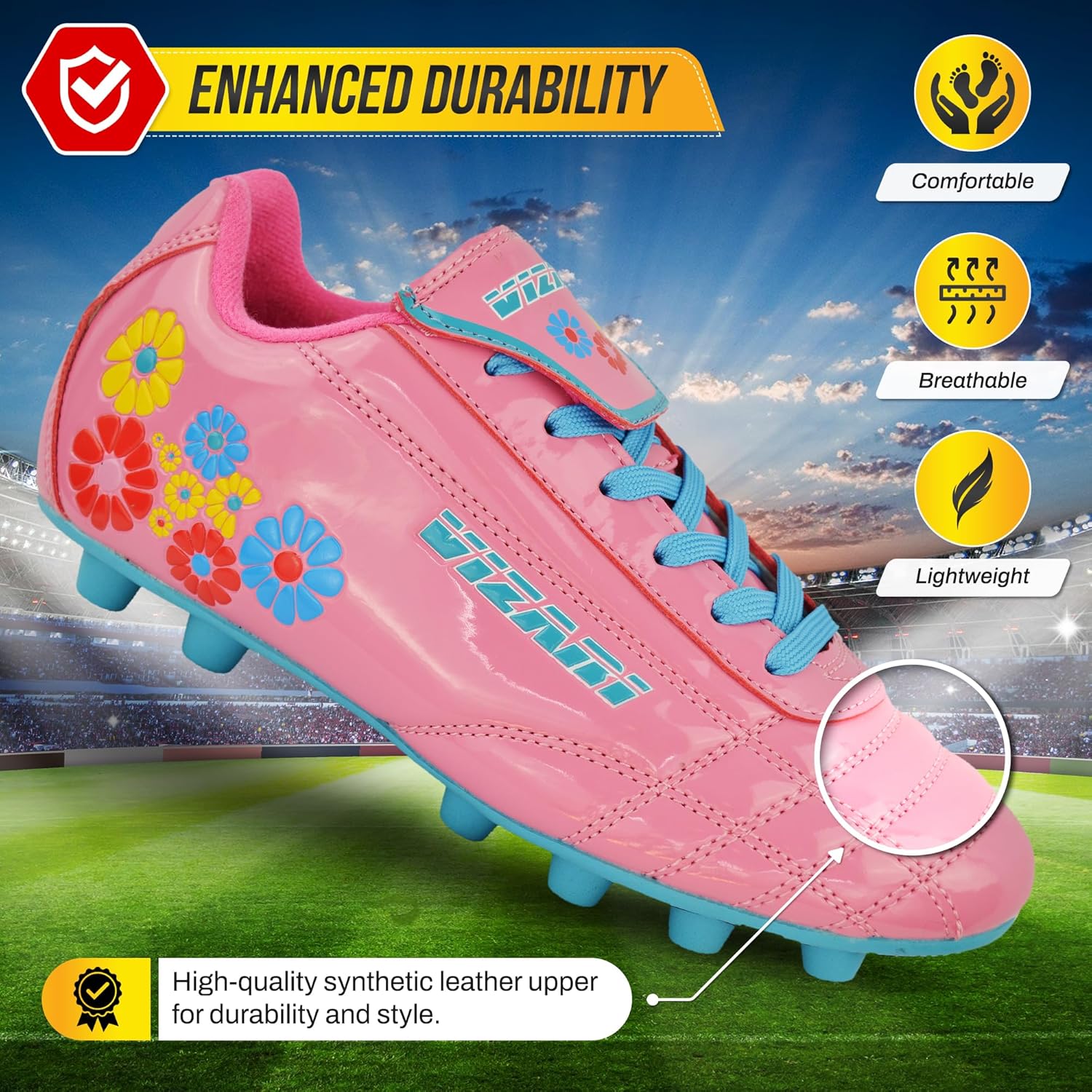 Vizari Blossom Soccer Cleats (8.5) & Shinguards (XS) Combo | Firm Ground Cleats with Superior Traction & Lightweight Shin Guards with Detachable Ankle Protection | Perfect Youth Soccer Set for Perform