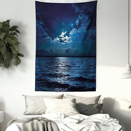 Miniatura 7 de Ambesonne Tapiz de noche, majestuosas nubes de cielo dramáticas y luna llena sobre paisaje marino, océano tranquilo y tranquilo, colgante de pared