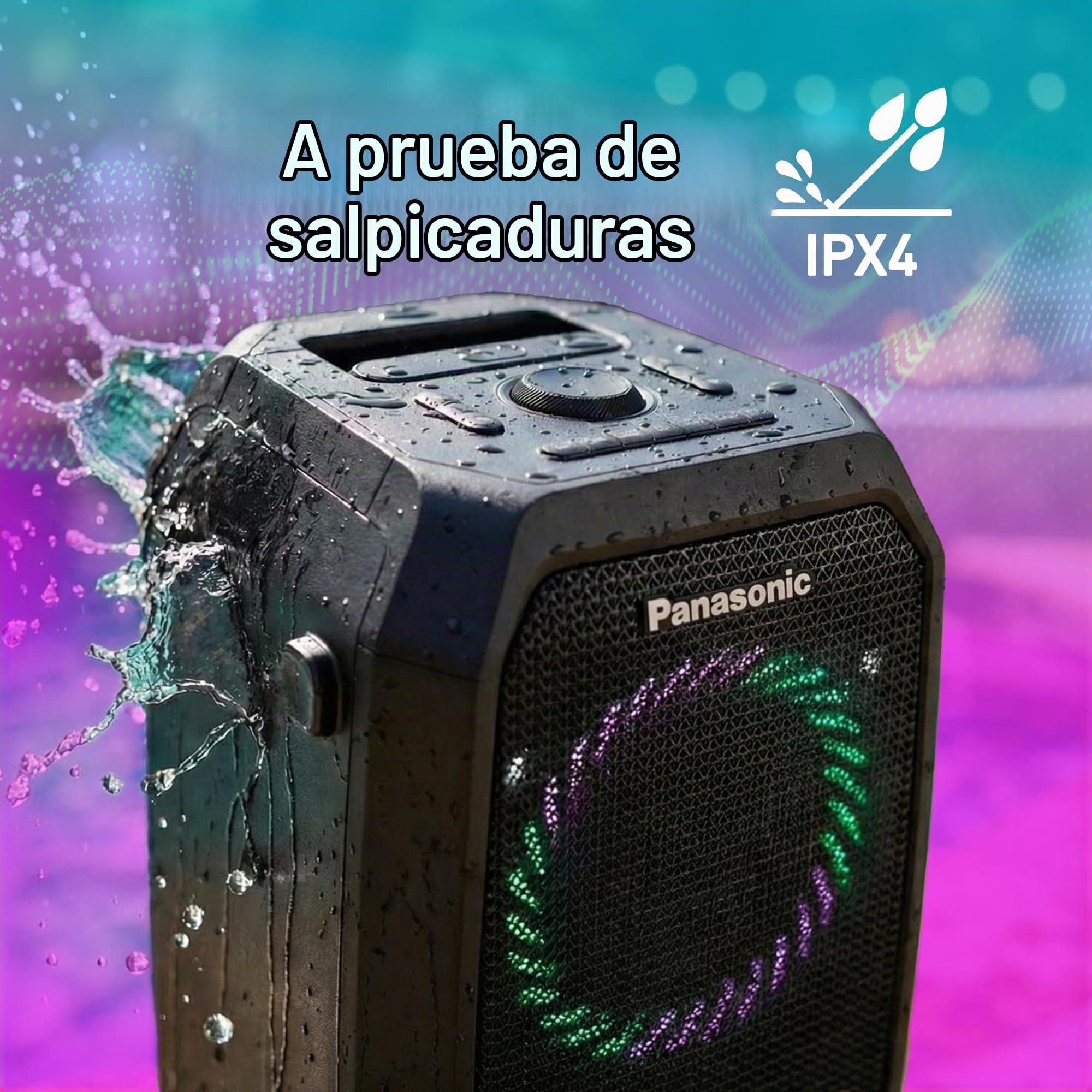 Panasonic SC-BMAX30 Altavoz Portátil para Fiestas con Bluetooth, Luces Integradas, Entrada Bass Reflex, 320 W, 14h de autonomía, USB, IPX4, Entradas para Guitarra y Micrófono para Karaoke, Negro