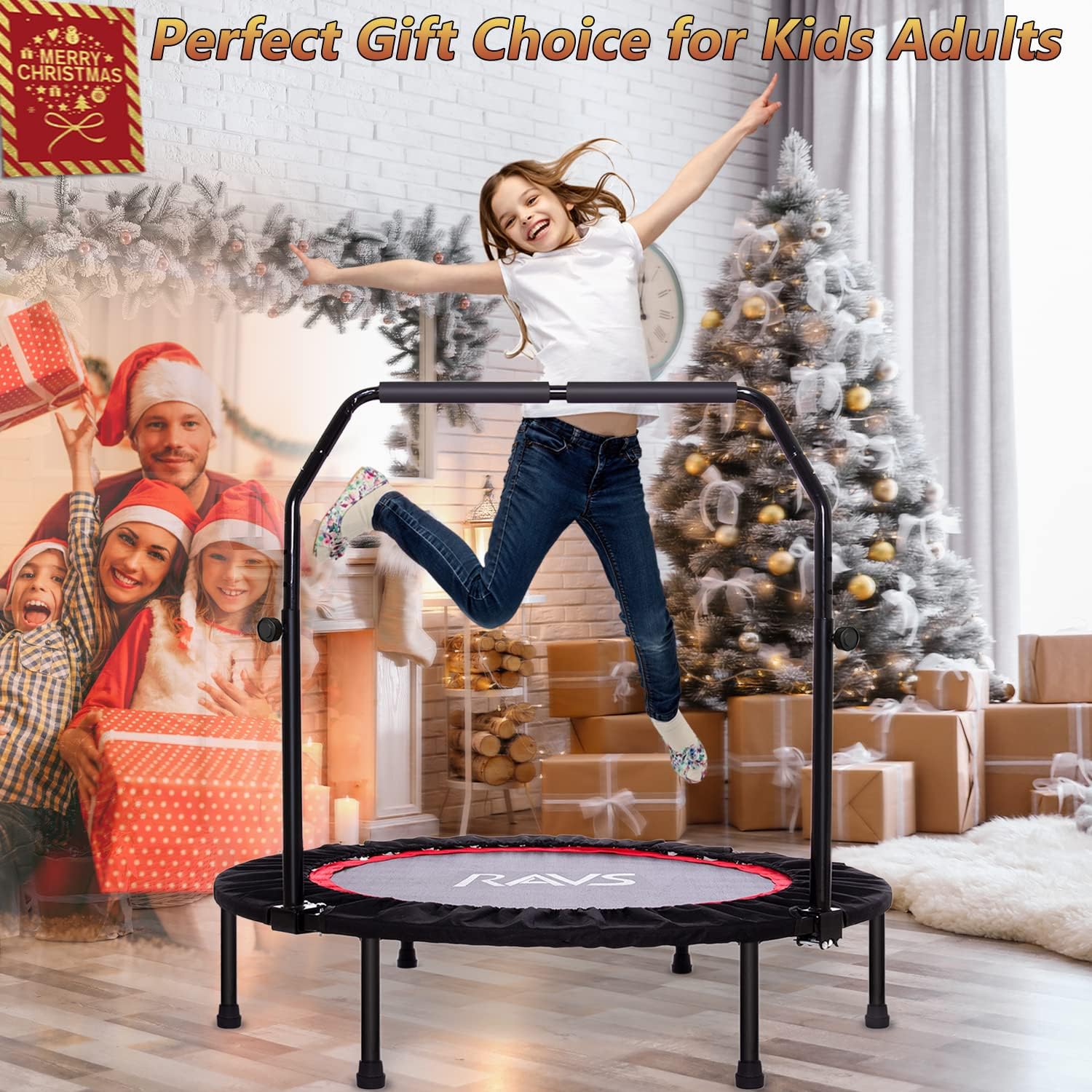 RAVS Mini Trampoline for Kids Adults, 40" Foldable Fitness Rebounder Kids Trampoline with 5 Levels Height Adjustable Handle Resistance Bands, Exercise Trampoline Indoor Workout Max Load 350lbs : Sports & Outdoors