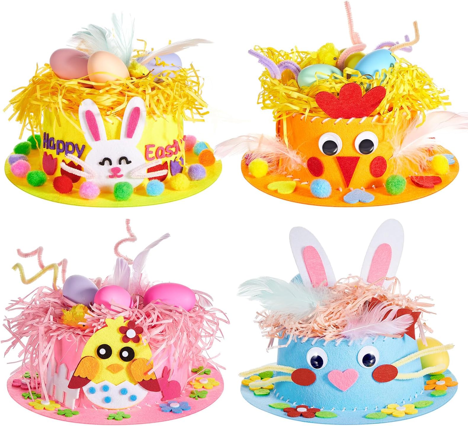 Simgoing 4 Pcs Children DIY Easter Hat Kit for Toddler Girls Easter Bunny Egg Chick Bonnet Kit Easter Crafts Kits Cartoon Cap for Kid Easter Holiday Game DIY Supplies Decorations