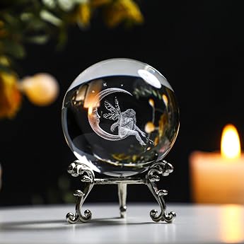 60mm 3D Laser Moon and Elves Crystal Ball Paperweight Figure Home Art Decor Craft with Metal Stand