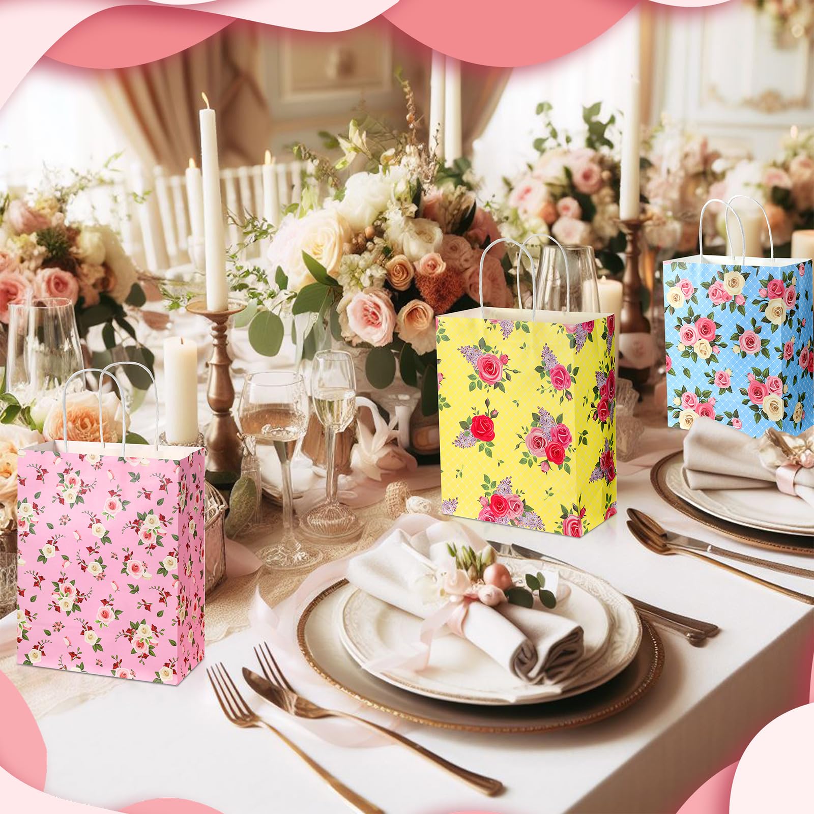 Geyoga 50 Stück Blumen-Geschenktüten mit Griffen, 10,5 x 8,5 x 4,5 cm, mittelgroße Papier-Geschenktüten, Vintage-Blumen-Geschenktüten, Papiertüten mit buntem Rosen-Blumendruck, für Blumenparty,