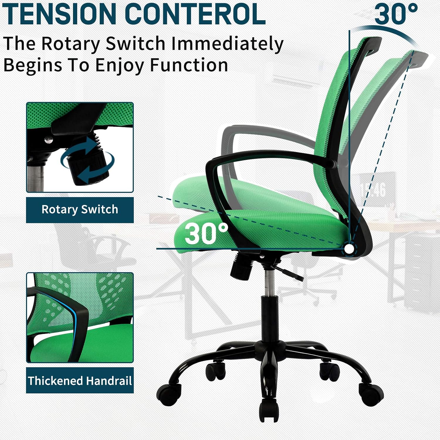 Office Chair, Ergonomic Mid Back Mesh Desk Chair with Lumbar Support, Adjustable Computer Chair Task Rolling Swivel Chair Modern Executive Chair Stool Gaming Chair Seat for Women & Men, Green