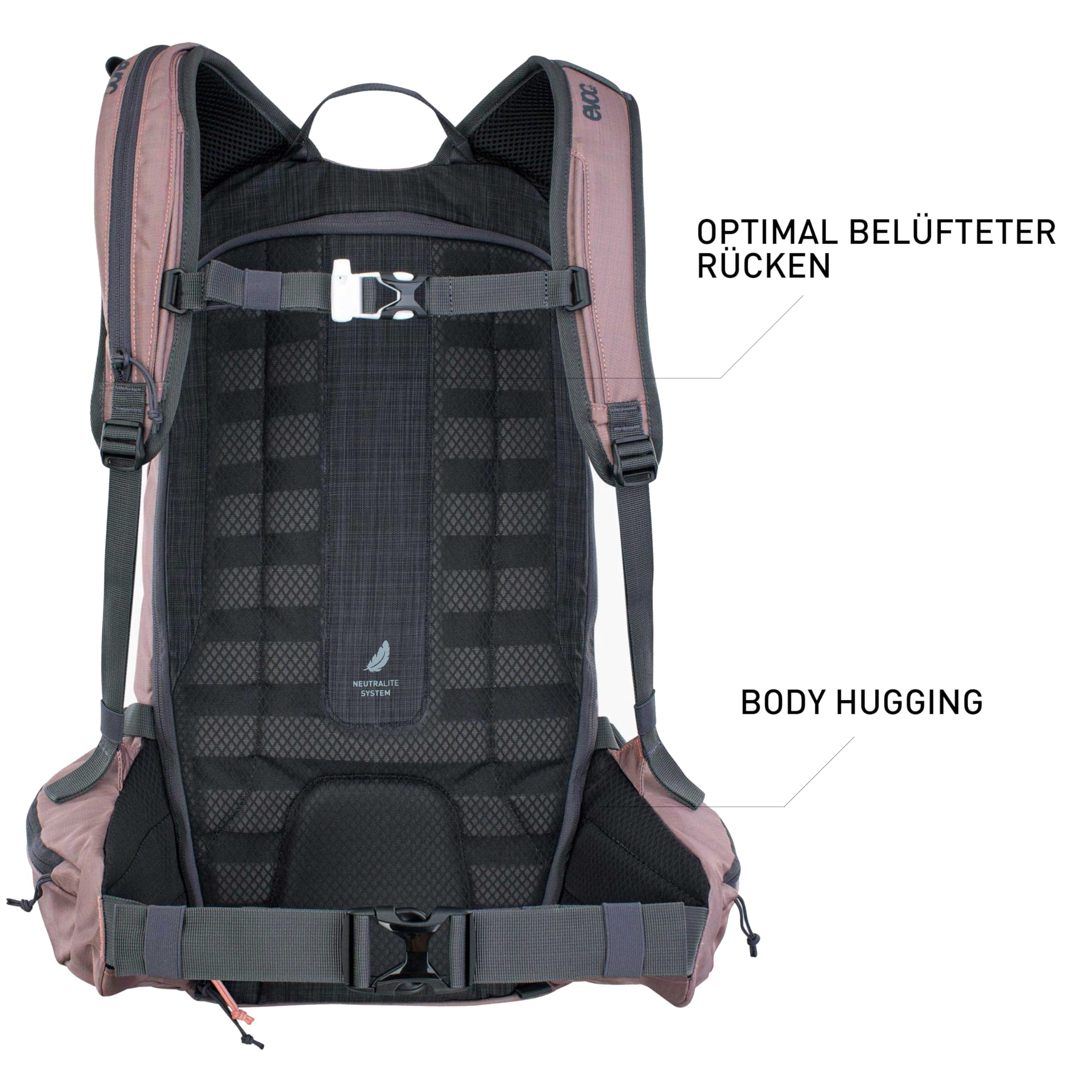 EVOC LINE 30 All-Mountain-Tragerucksack (NEURALITE SYSTEM, Skihalterung, separates Lawinenfach mit Notfallplan, leicht zugängliches Hauptfach, BODDY HUGGING), Staubrosa