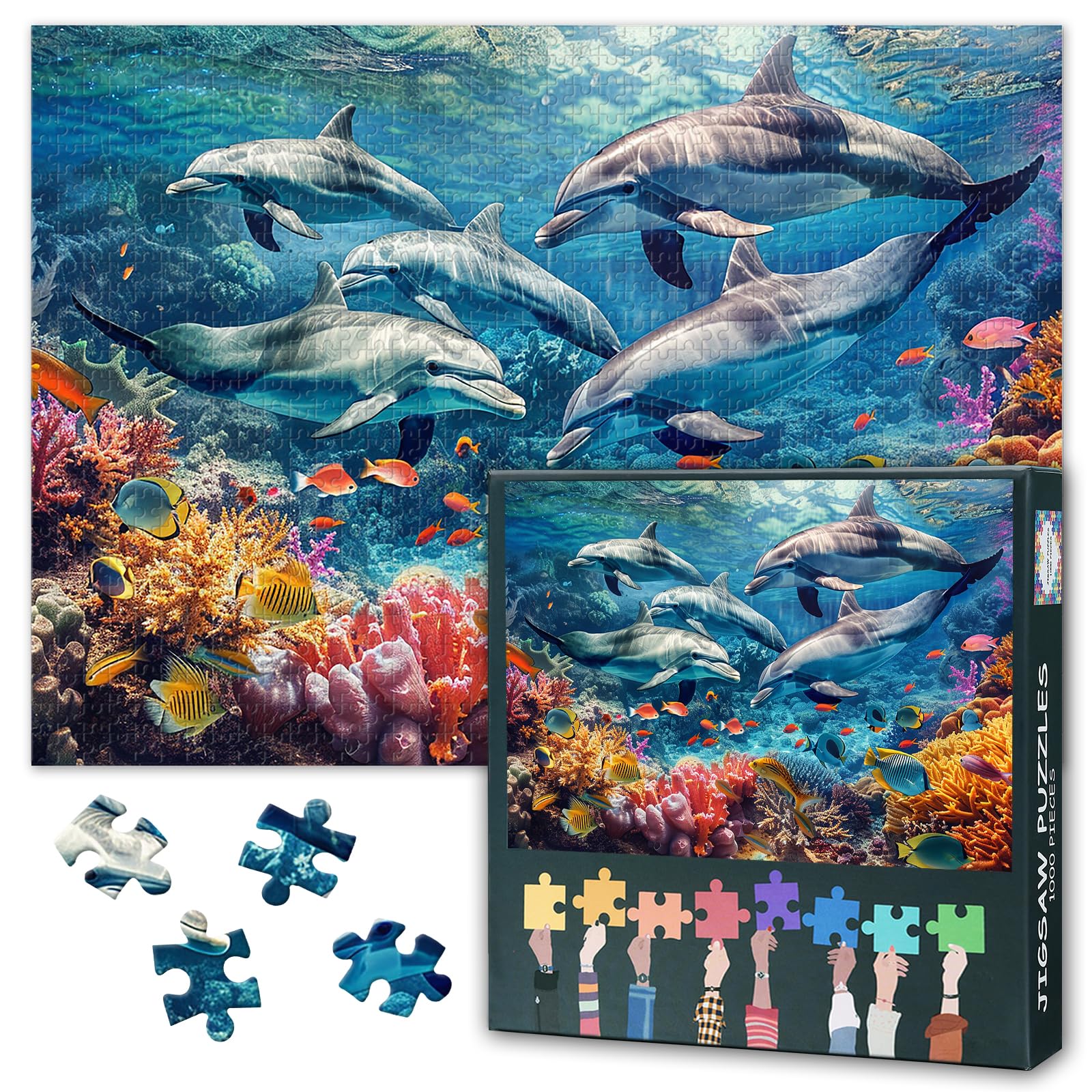 Jigsaw Puzzles 1000 Pieces, Dolphins 1000 Piece Puzzle for Adults, Sea World Adult Jigsaw Puzzle, Family Challenging Game Finished Puzzles Size 50x70cm — image 1