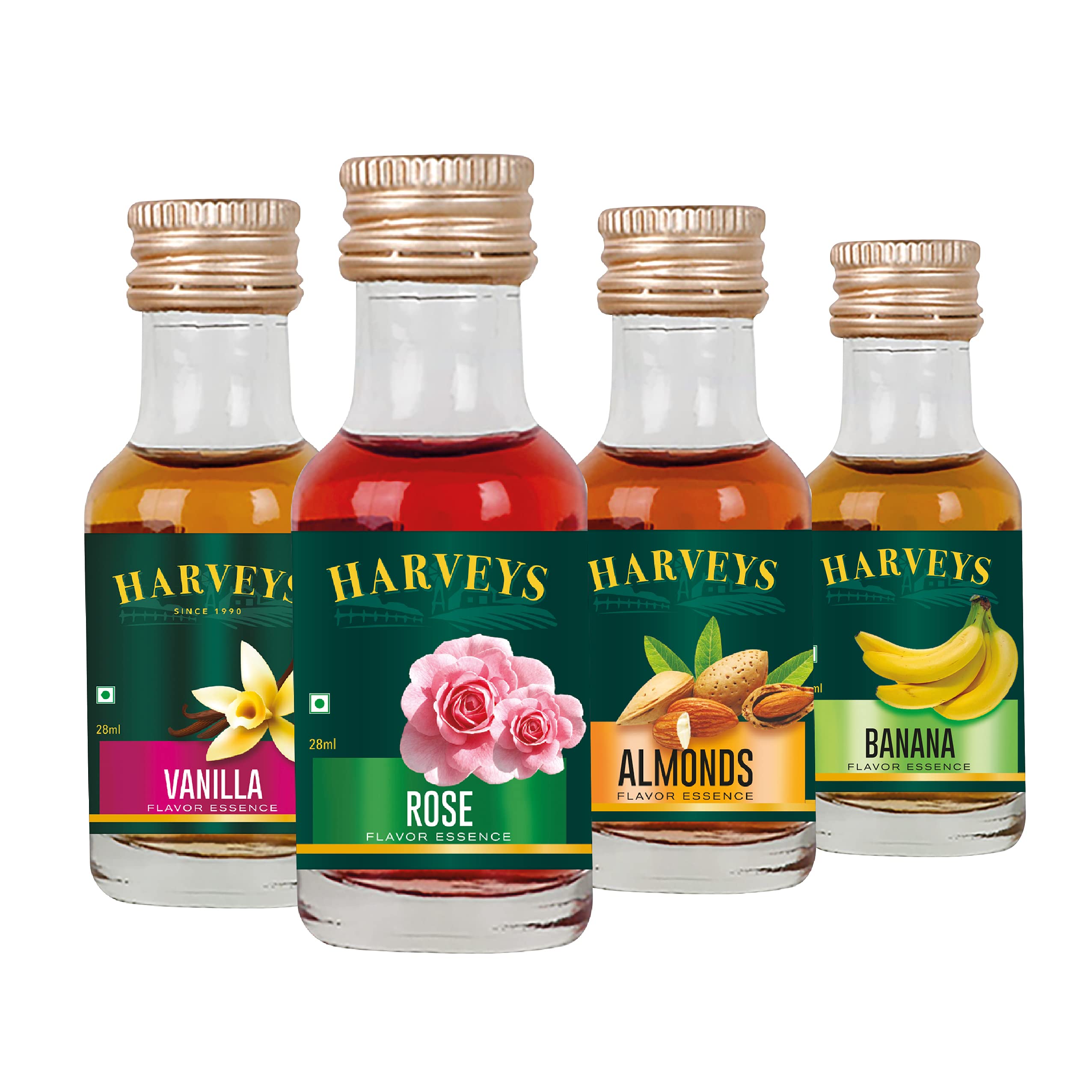 Harveys Essence Flavour | Vanilla, Rose, Almond & Banana Flavours | 28 ml x 4 | Ideal Flavoring Agents For Cake, Pudding, Ice Cream, Juices, Whipping Cream & Many More