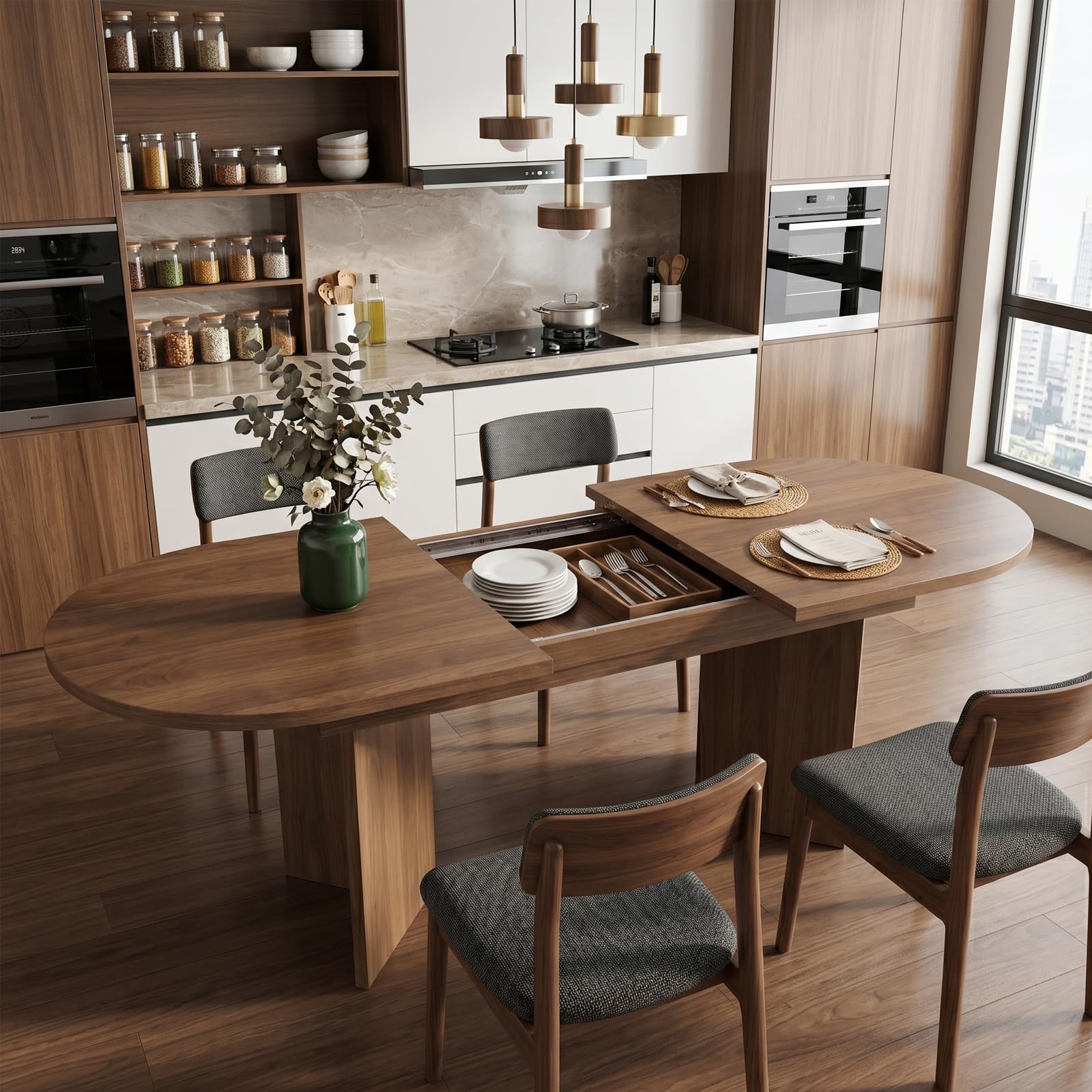Mesa de Comedor Extensible Ovalada, 160/200 x 90 cm, Mesa de Comedor de Estilo Simple, Mesa de Cocina para 6-8 Personas, Tapa Gruesa, Esquinas Redondeadas, Color Nogal