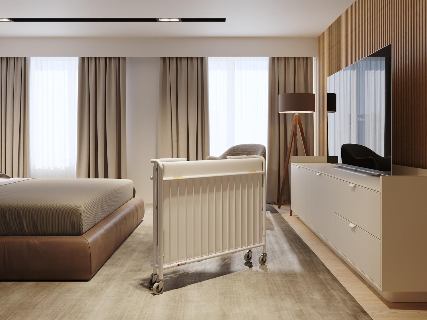 Foundations Stowaway Metal Baby & Toddler Folding Crib, Portable Baby Crib with Foam Mattress and Commercial Grade 3" Casters, Compact for Hotels, White