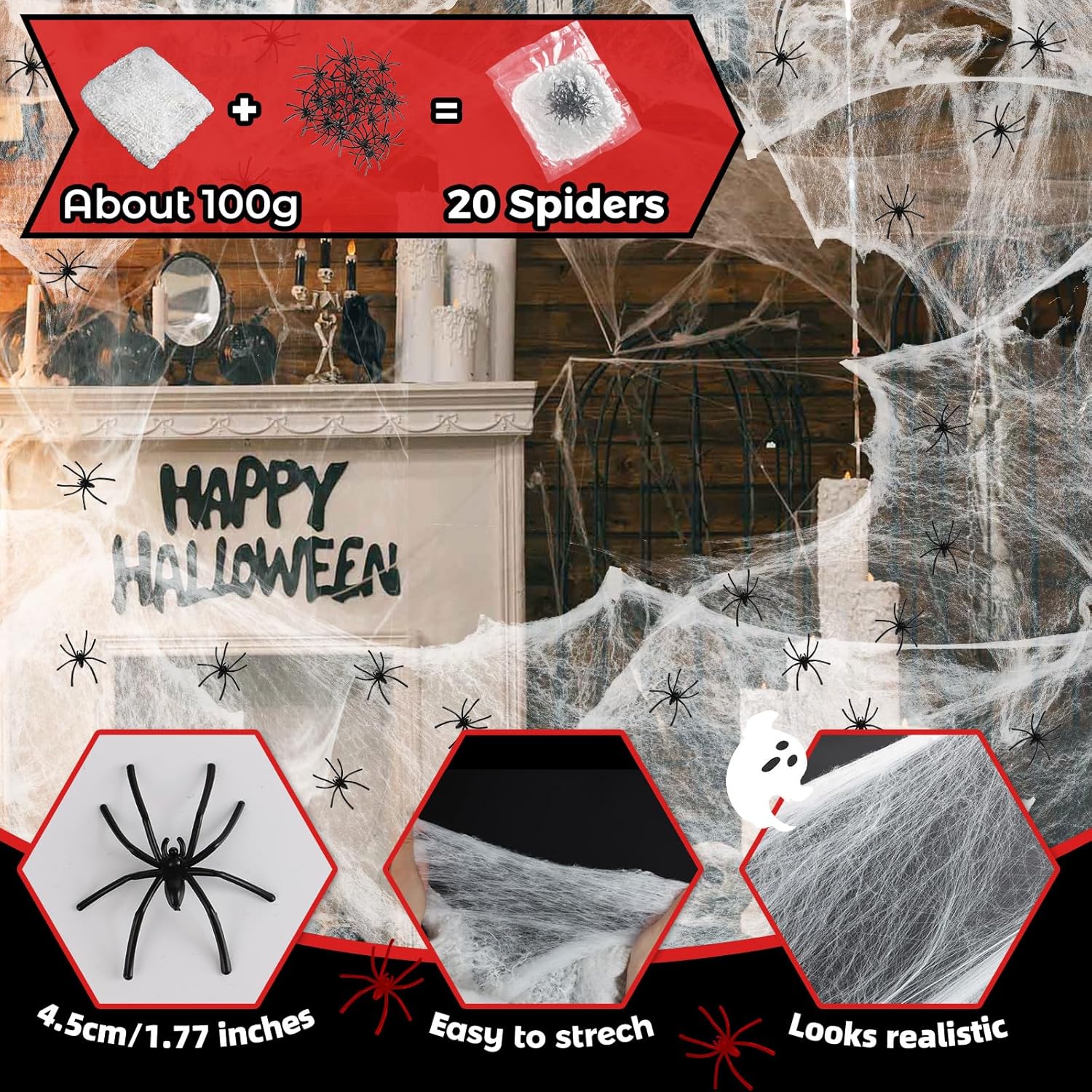 PinCute Halloween Decorations Indoor Outdoor- 5 Pack Creepy Cloth (30×72 in), 200Sqft Spider Web with 20 Spiders, Haunted House Props for Party Yard Window Porch Decor