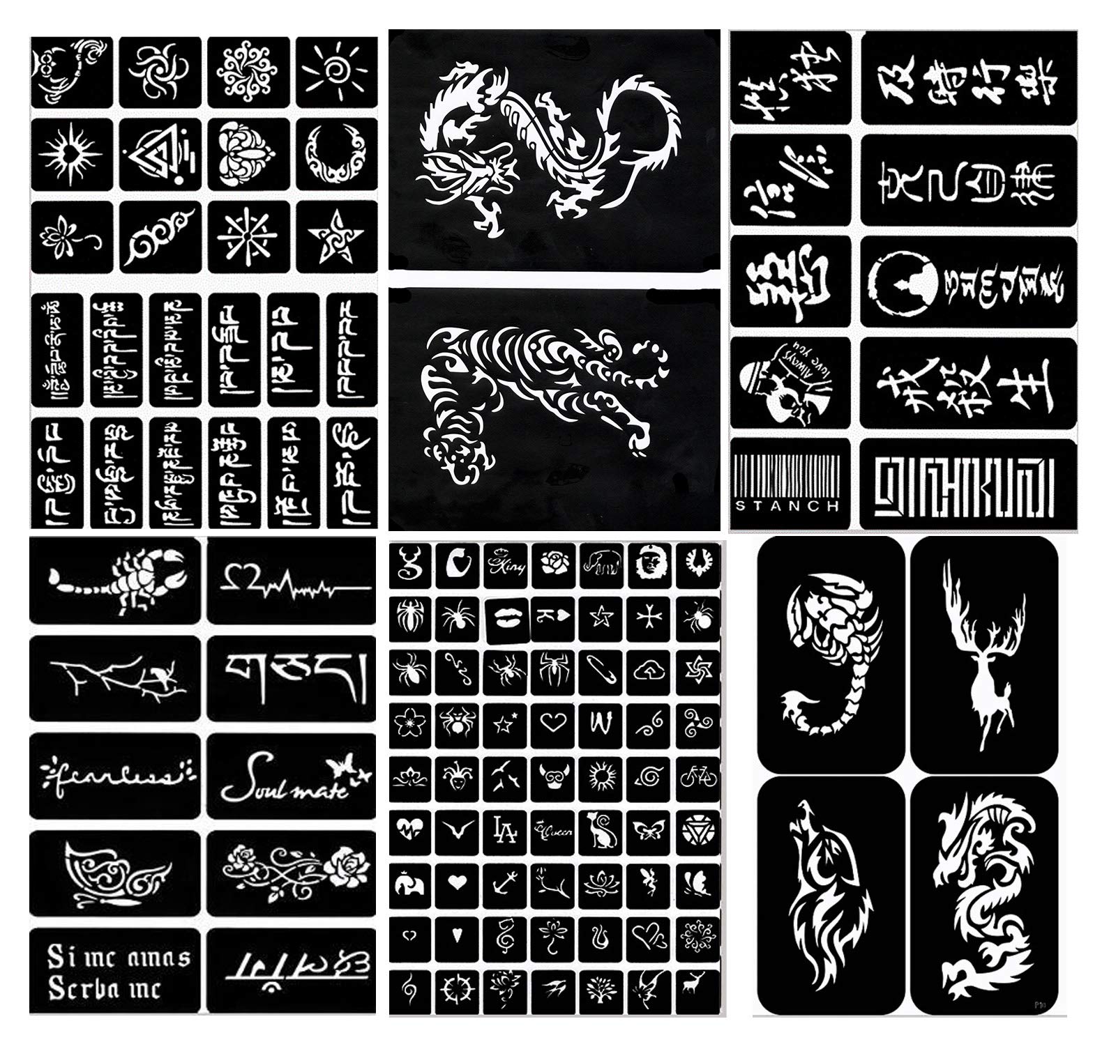 Axure 6 Sheet Airbrush Temporary Tattoo Stencil Set for Men - 6.7cm x 9.5cm