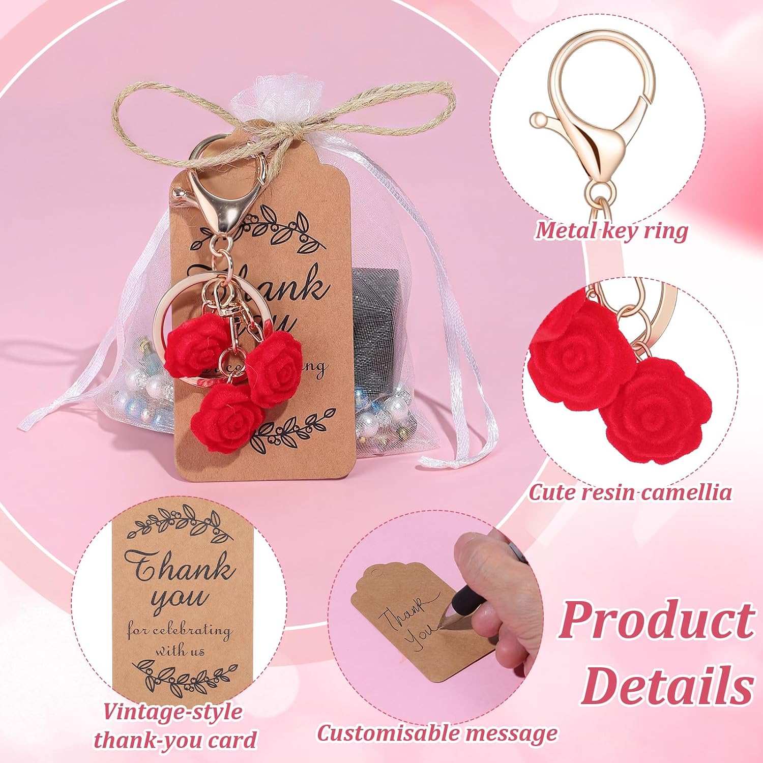 60pcs Party Keychain Favors Set Flower Key Ring with Kraft Thank You Tags Organza Bag Red Rose Resin Keyring Gift for Valentine's Day Wedding Bridal Guests Birthday Souvenirs