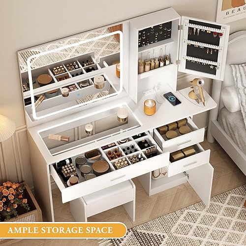 Miniatura 6 de Vabches Escritorio de tocador blanco con espejo y luces, mesa de tocador con parte superior de vidrio con estación de carga, 3 cajones y gabinete de