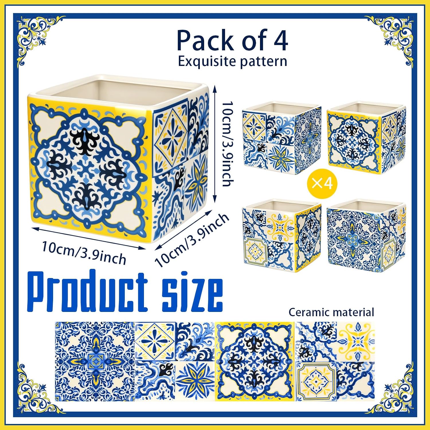 4 Pack Ceramic Blue Tiles Lemon Plant Pots Ceramic Box Table Centerpiece 4 Inch Amalfi Coast Party Decorations Flower Vase Decorative Plant Pots for Capri Mediterranean Positano Party Decor