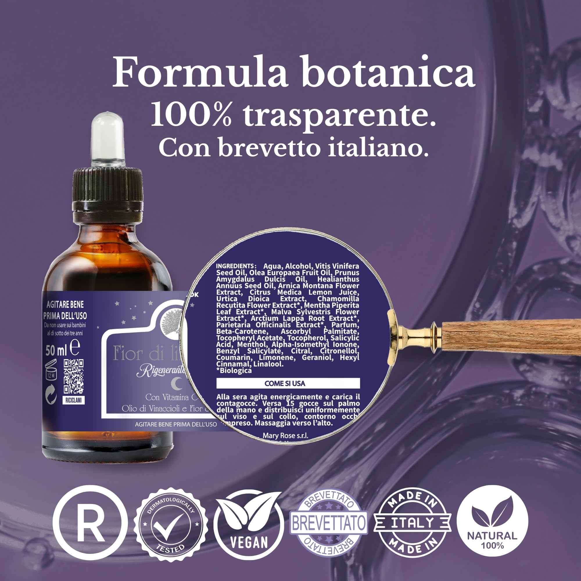 Mary Rose Fior di Linfa Notte 50 ml, Siero Viso con Vitamina C e E, Siero Viso Antirughe, Skincare Illuminante Uomo Donna, Crema Collo, Made in Italy