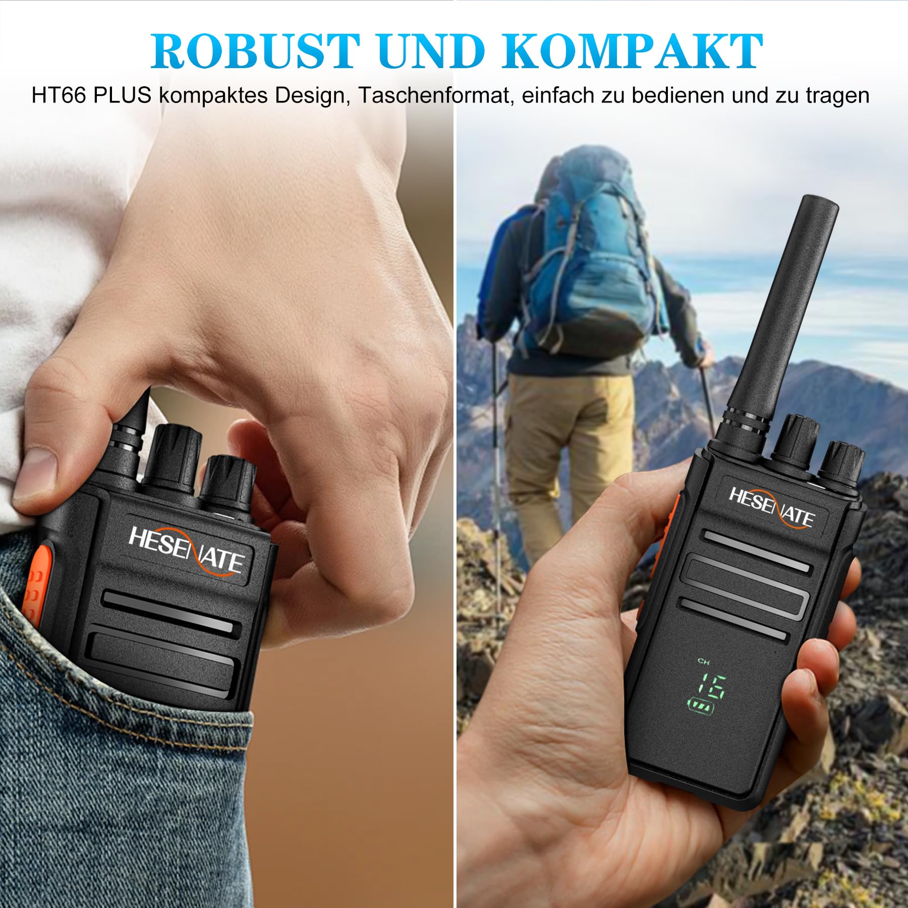 HESENATE HT66 Plus Funkgeräte Set Anzeige PMR446 Lizenzfreies Woki Toki | Große Reichweite Walkie Talkie Professionelles Funkgerät 16 Kanäle Walky Talky Handfunkgerät mit Kopfhörer Schwarz 6er set