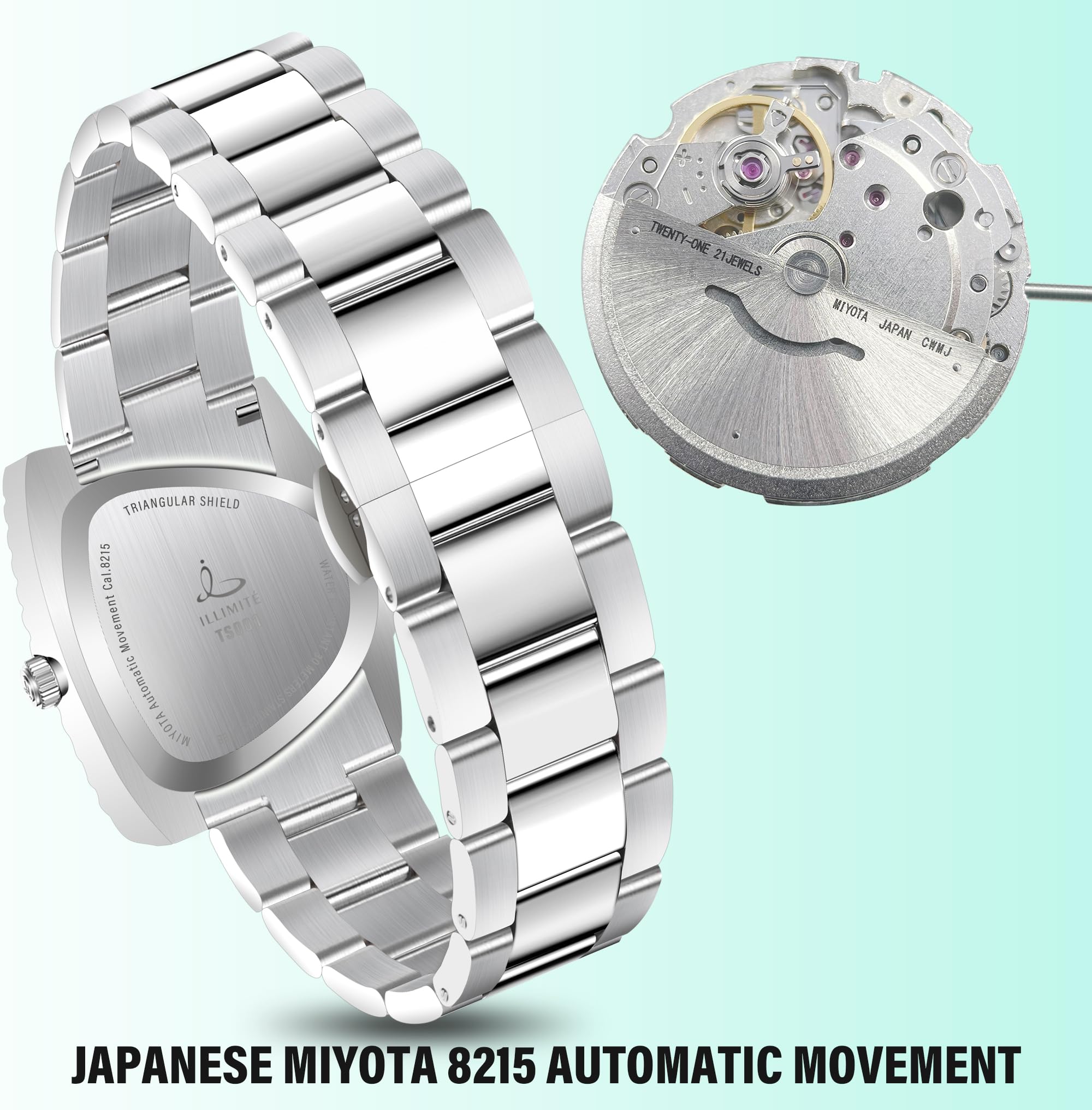 ILLIMITE Automatikuhren für Herren, dreieckiges Zifferblatt, mechanisch, selbstaufziehend, japanisches Miyota 8215-Uhrwerk, leuchtend, wasserdicht, Edelstahl, dreieckiges Schild