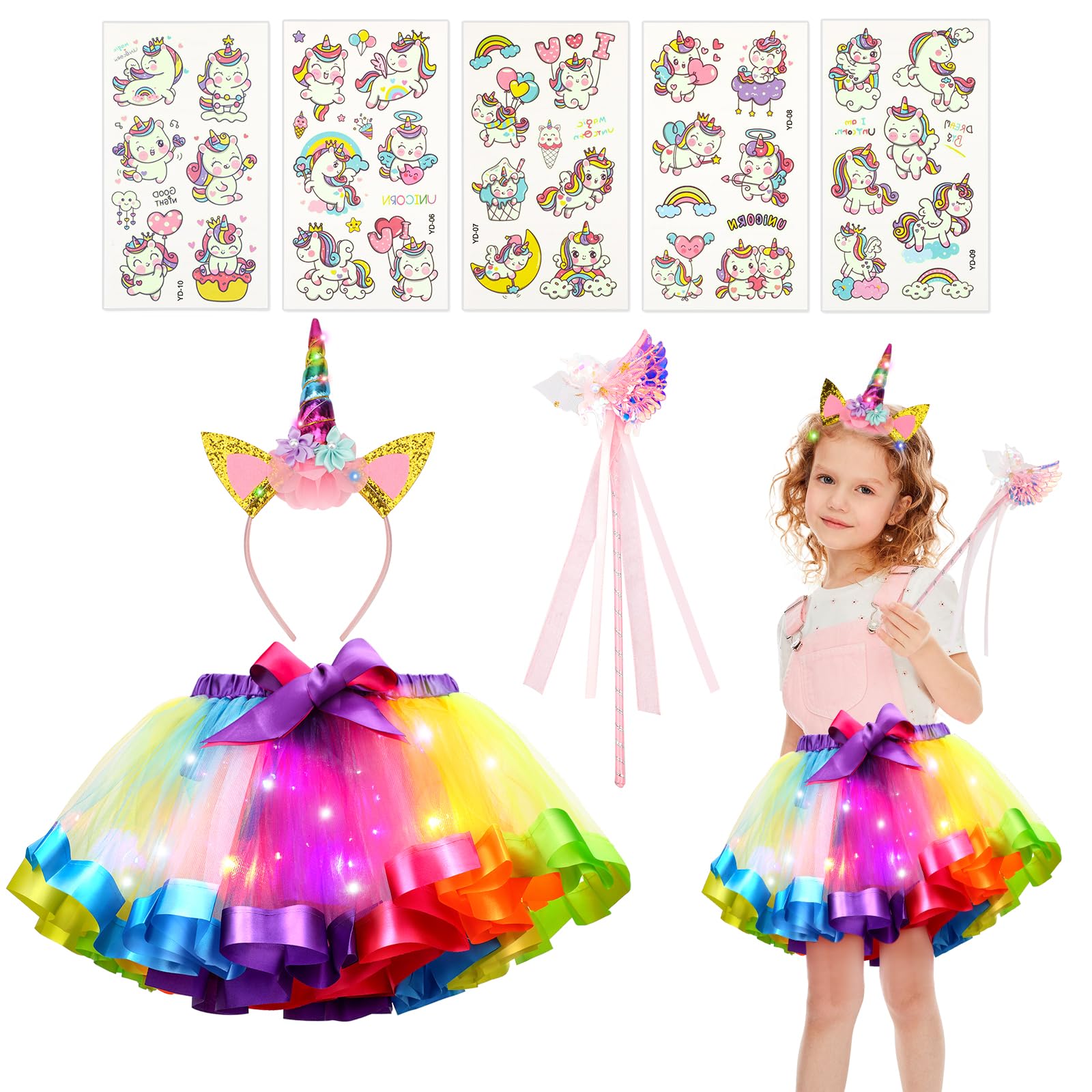 Hifot 8 Piezas Disfraz Unicornio Niña con Luz LED,Vestido Lentejuelas Tutu Ballet Luminosa niña Diademas Varita Tatuajes Temporales Disfraz Princesa para Cumpleaños Carnaval Cosplay Fiesta