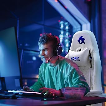 Sonic the Hedgehog Gaming Chair - Premium PU Leather, Reclining Armrest, Class 4 Gaslift, Adjustable 90-135 Degrees, Stylish Design for Adults and Teens, 260+ Lbs Capacity, Blue-White Caster