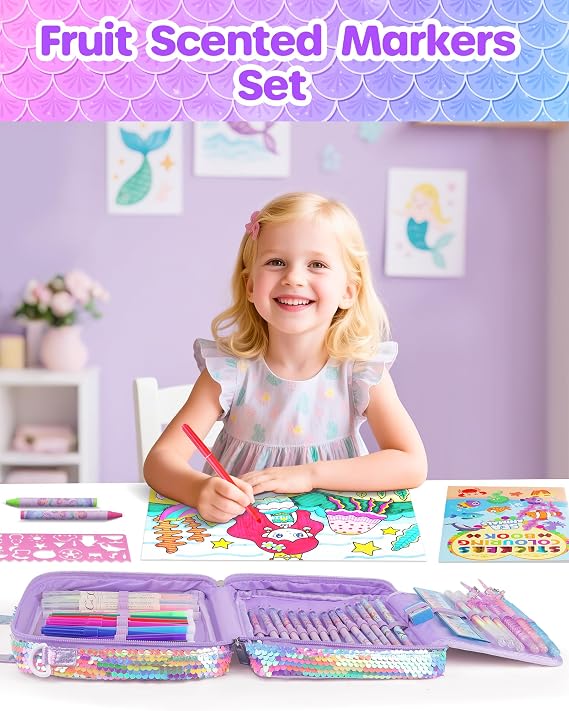 D-FantiX 63Pcs Mermaid Art Supplies Convertible Bag with Coloring Books