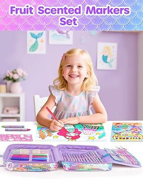 D-FantiX 63Pcs Mermaid Art Supplies Convertible Bag with Coloring Books