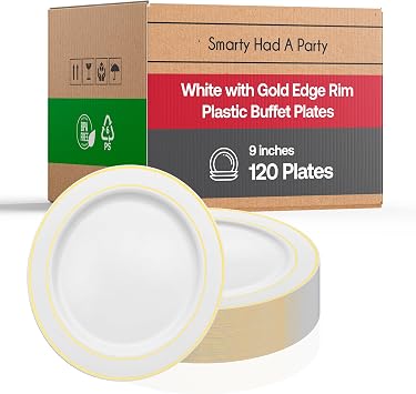 Elegant Disposable Plastic Buffet Plates 120 Pcs - 9" Heavy Duty White with Gold Rim Party Plates Lunch Plates - Bulk Catering Supplies For Wedding, Thanksgiving, Birthday & All Occasions