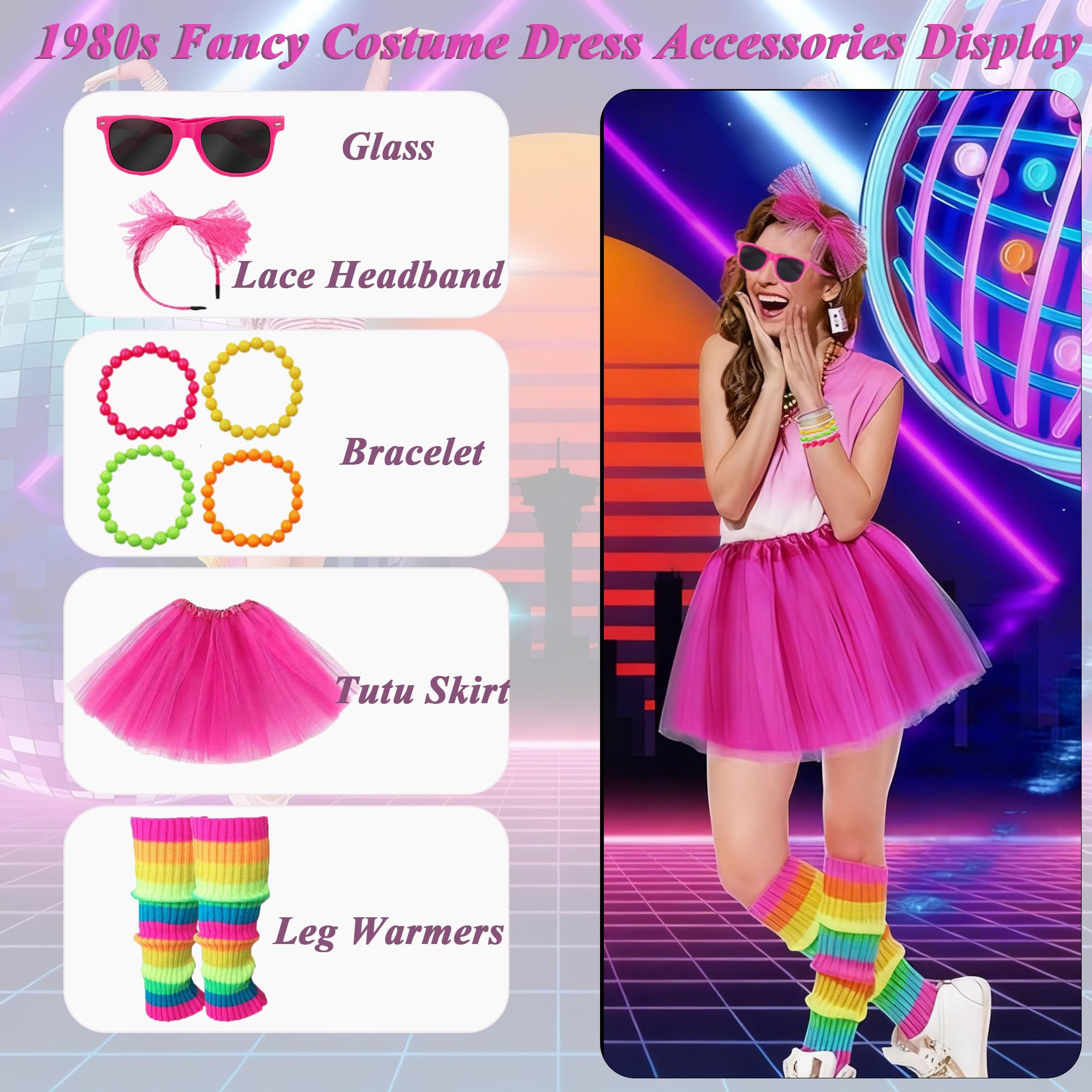 Hongleey 80s Fancy Dress for Women,1980s Fancy Party Costume Accessories Set including Tutu Skirt Leg Warmers Necklace Bracelets Fishnet Gloves 80s Lace Bow HeadbandEarrings Sunglasses - Image 2