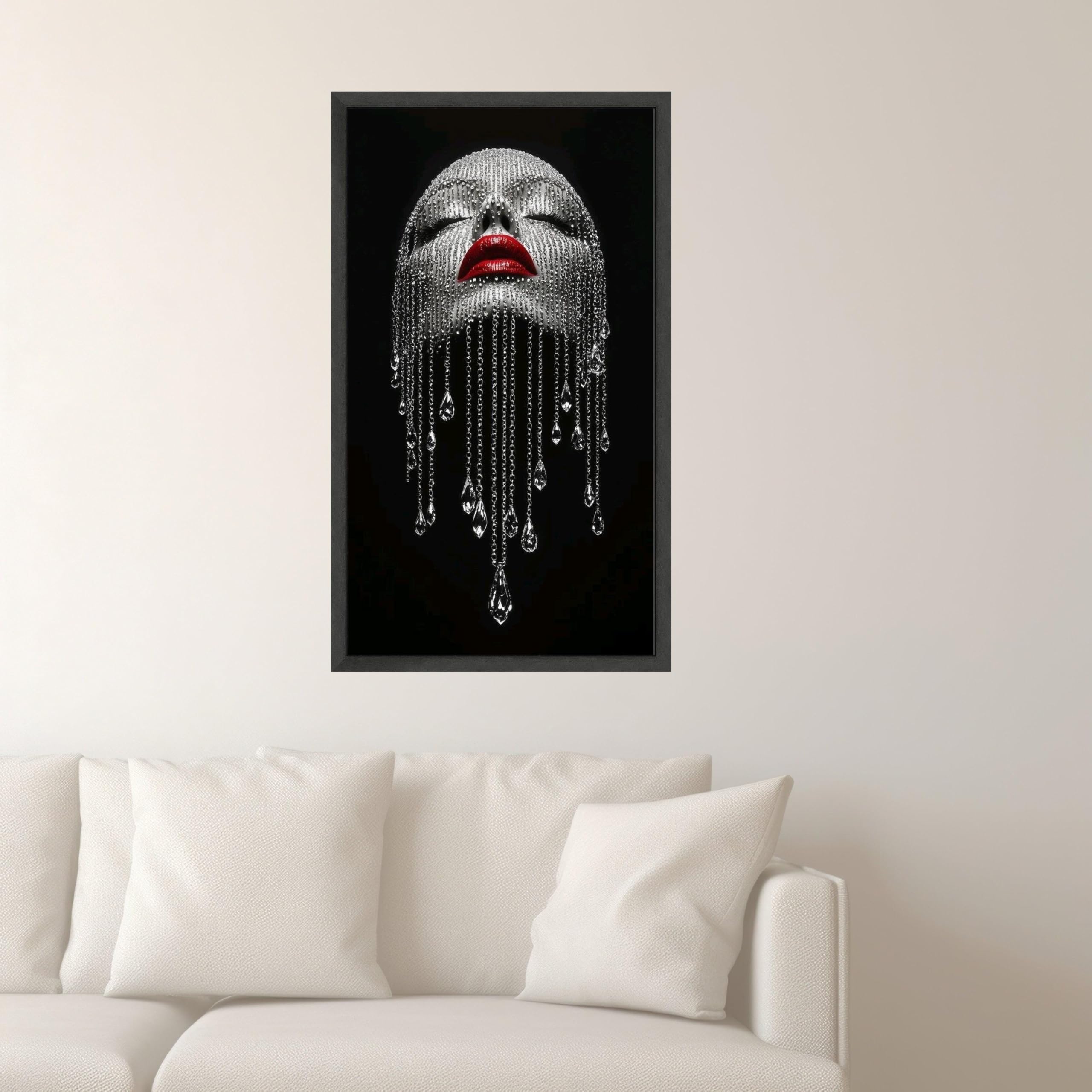 TONGYINLI Poster und Drucke mit glamourösen Frauengesichtern, Wandkunst mit roten Lippen, moderne Modemalerei, luxuriöse Heimdekoration auf schwarzem Hintergrund (40x70cm/Innenrahmen)