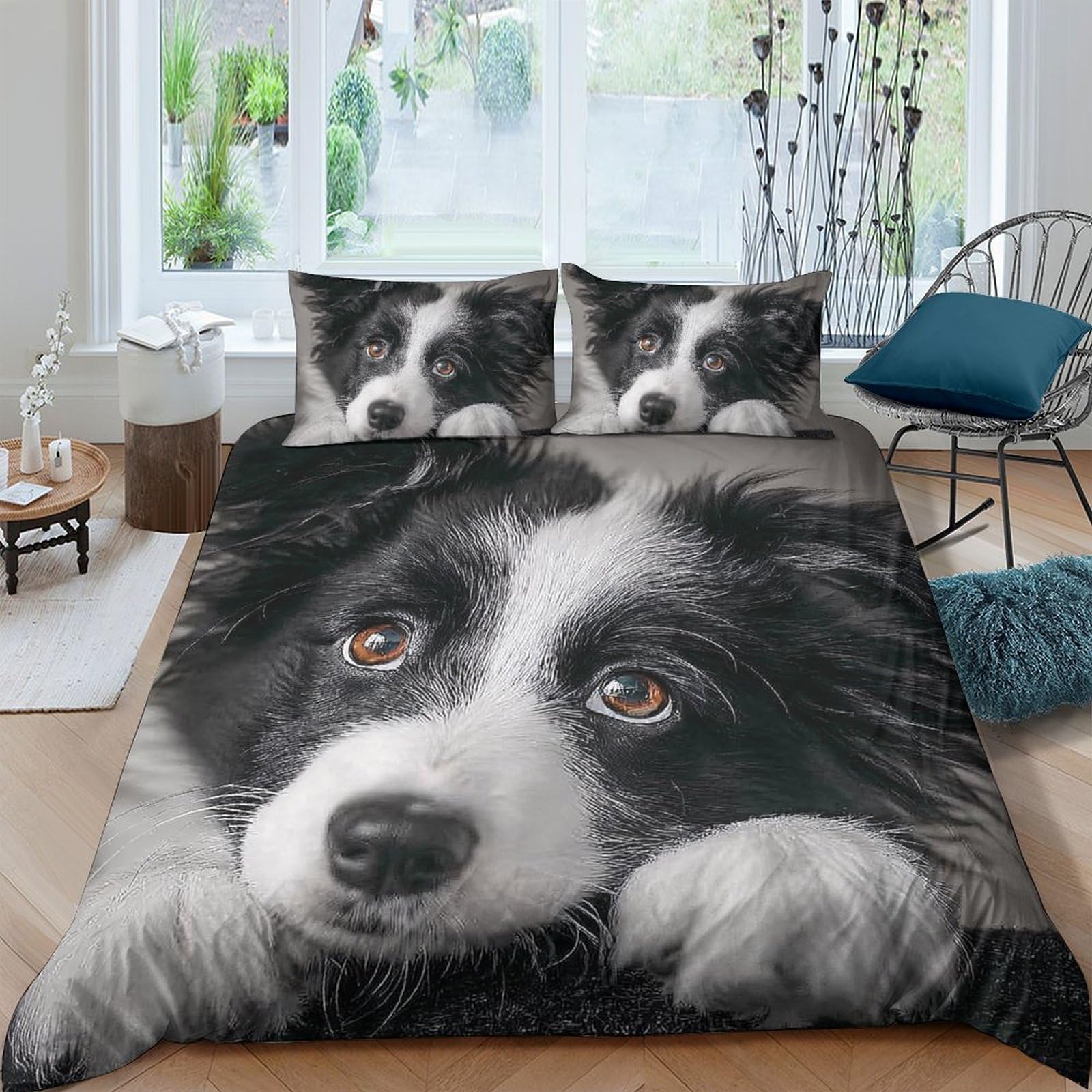 GPLZQXKJNH 3D Printed Border Collie Dog Duvet Cover Microfiber Soft Breathable Pet Portrait Bedding Set with 2 Pillowcases for Bedroom Home Decor Single（135x200cm）