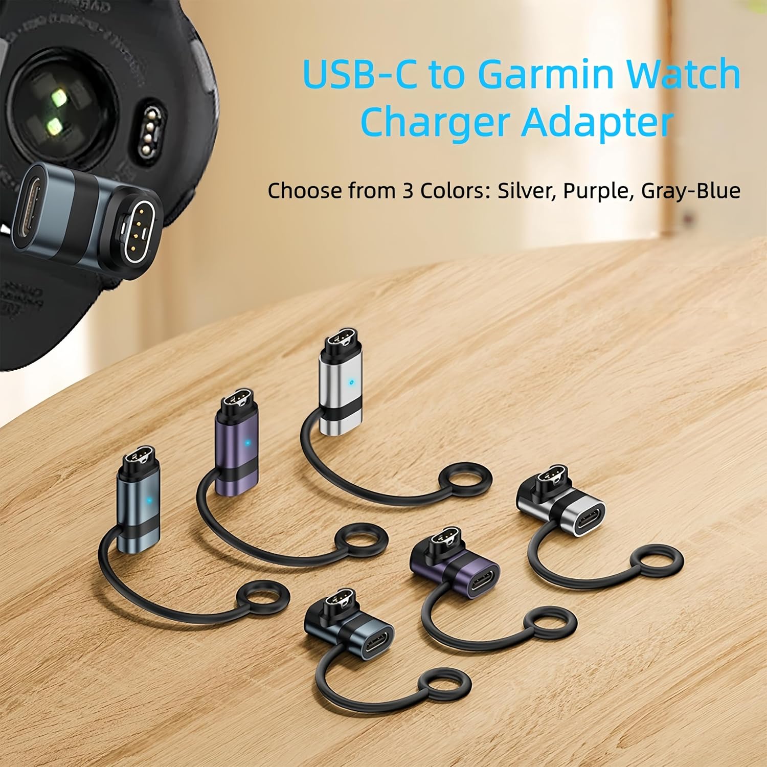 2-Pack Universal USB-C to Charger Adapter Compatible with Garmin Watch, Replacement Fast Charging Docks Portable Charger Cable with Anti-Loss Lanyard Compatible for Garmin Smart Watch (Purple)