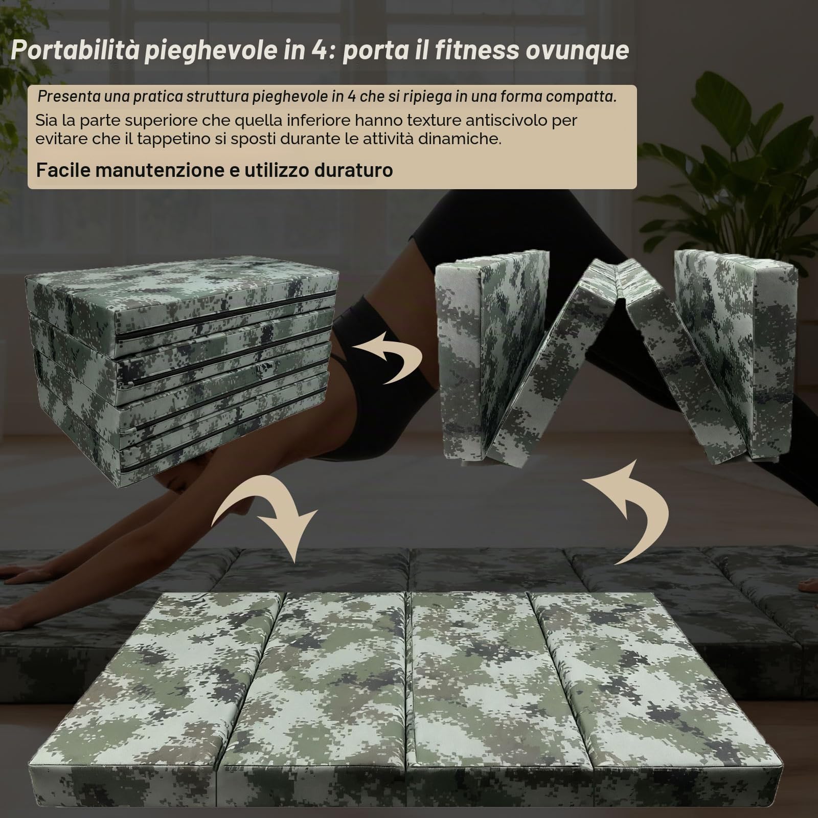 Tappetino da Sport 4-Fold 200x100x10cm, Tappetino Ginnastica Fitness Pieghevole, Antiscivolo Resistente, Schiuma Épaisse per Protezione Articolare, Casa e(Size:200*100*10cm/78*39*10in,Color:camuflage)