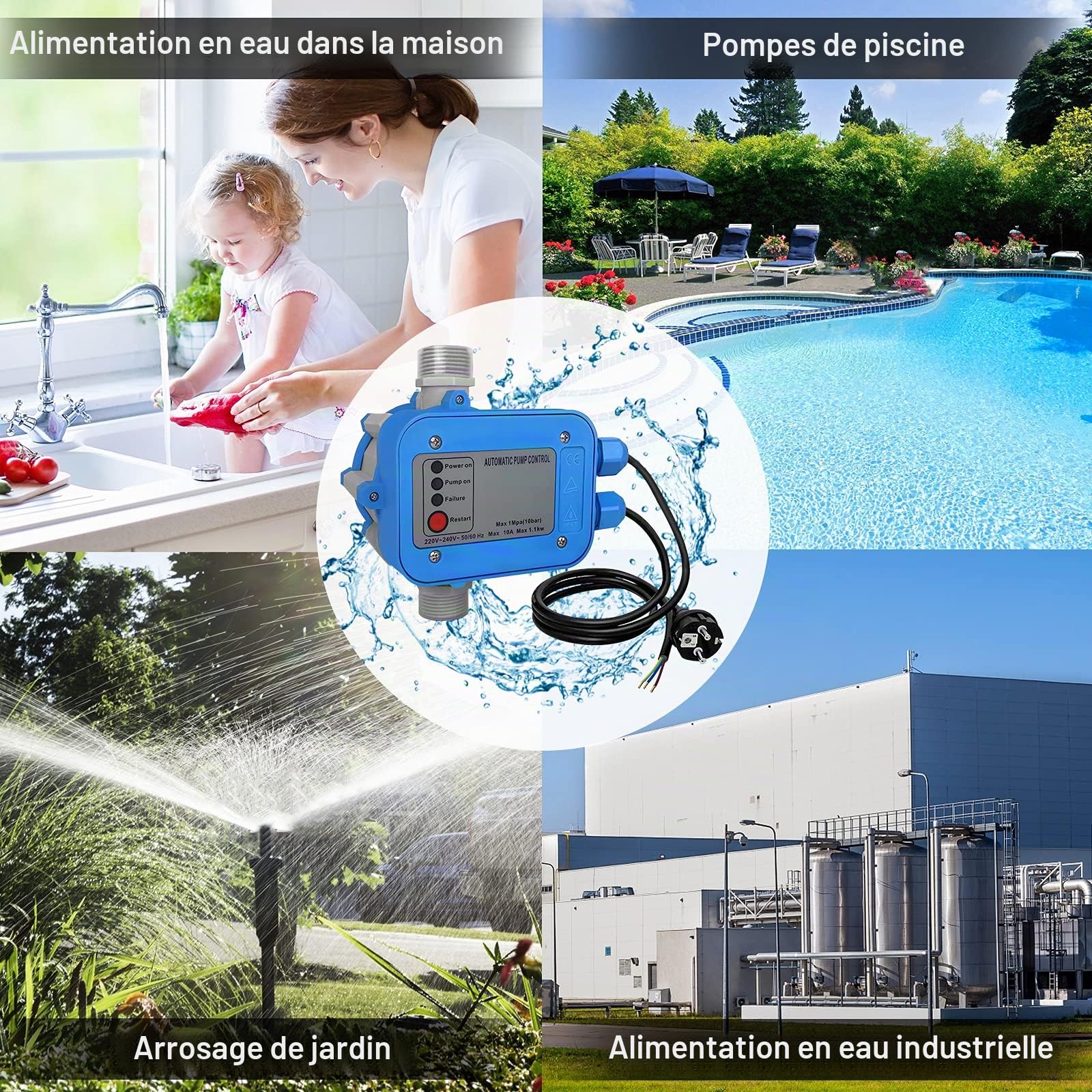 Aufun Interrupteur à pression électronique avec câble, contrôle de la pompe max. 10 bar, régulateur de pression, contrôle automatique de la pompe avec prise pour système d'eau domestique